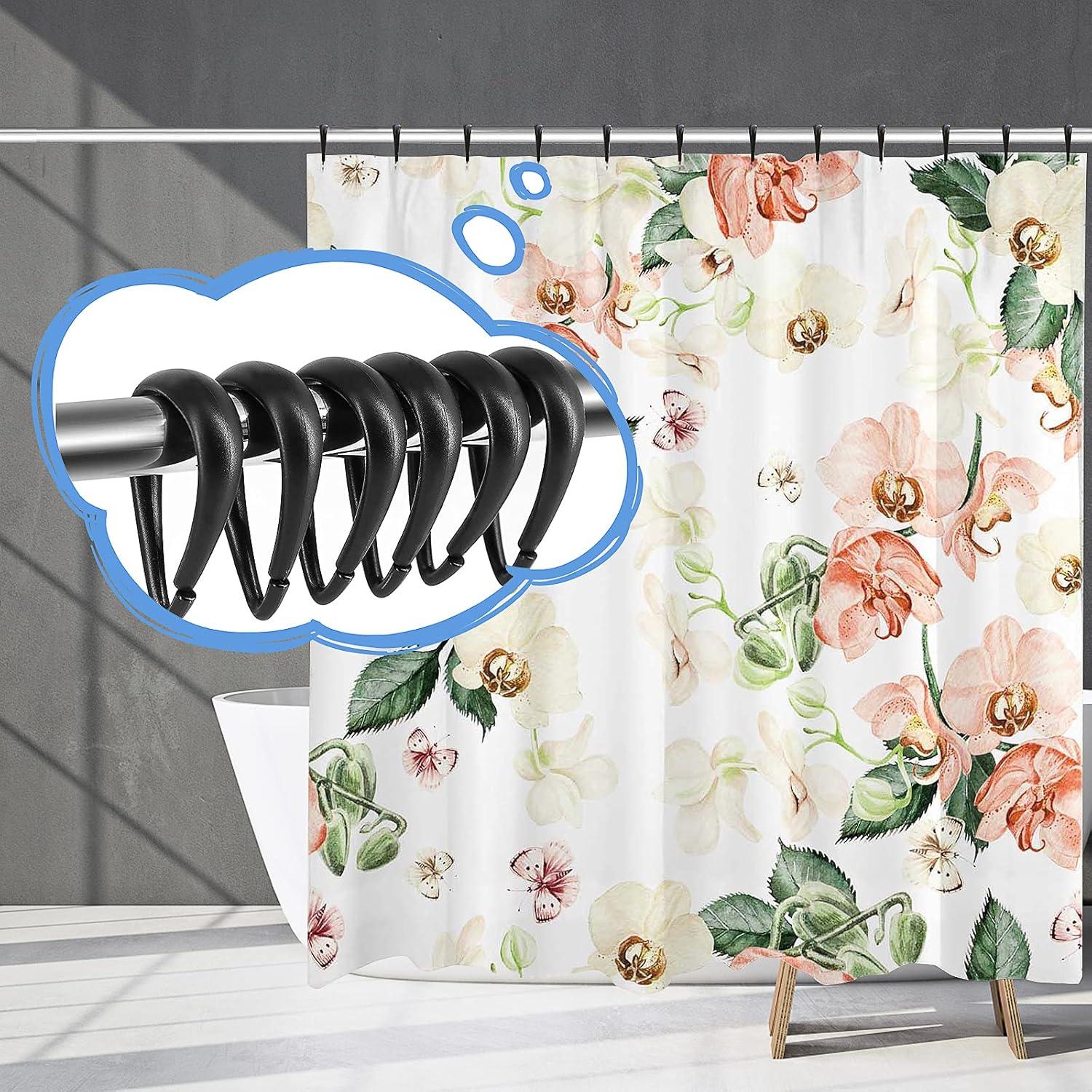 Top-spring Shower Curtain Hooks Black Plastic Shower Curtain Rings, Drop Shaped Shower Hooks for Curtain Bathroom Shower Rod - Set of 12