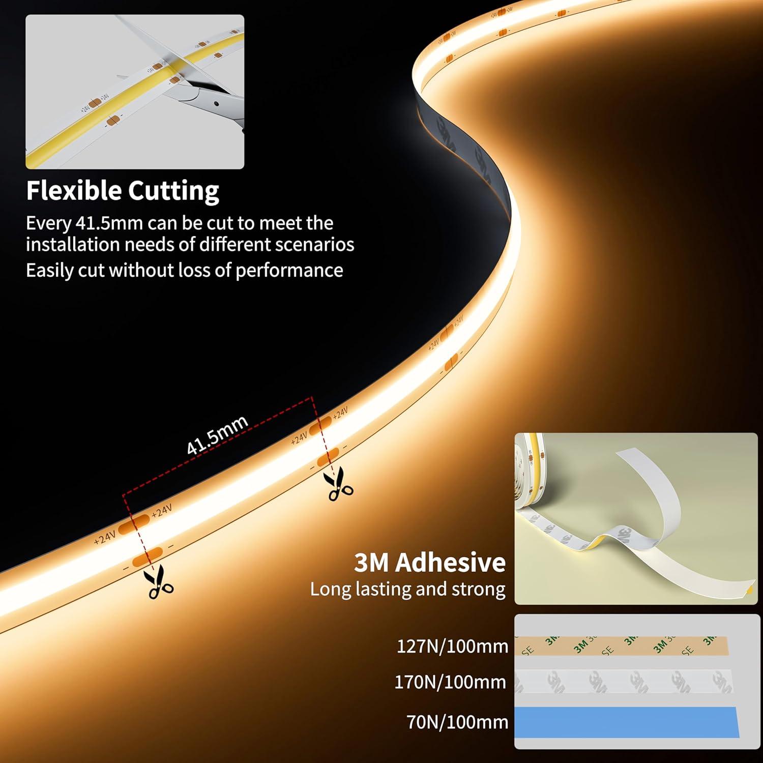 MIWISE COB LED Strip 20ft/6.1m,CRI 90+ Warm White 3000K High Lumen Super Bright Flexible DC24V LED Tape Light,for Cabinet Home Office DIY Lighting Projects(Adapter & Controller NOT Included)