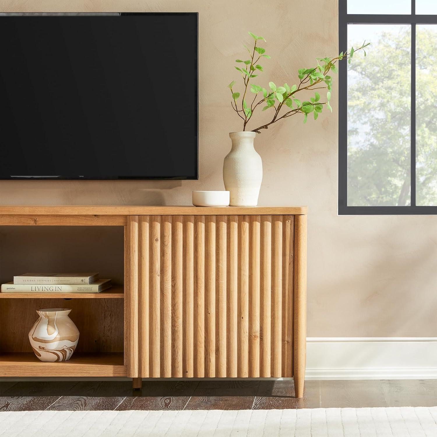 Scandinavian Reeded TV Stand with Open Storage for up to 80" TV  English Oak