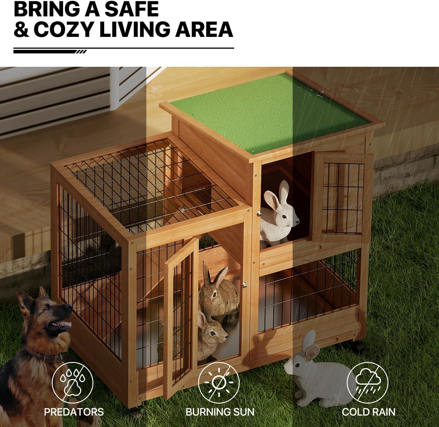 MoNiBloom 36" Wooden Rabbit Hutch w/2 Slide-Out Trays, Anti-Slip Ramp Bunny Cage w/4 Wheels, Natural