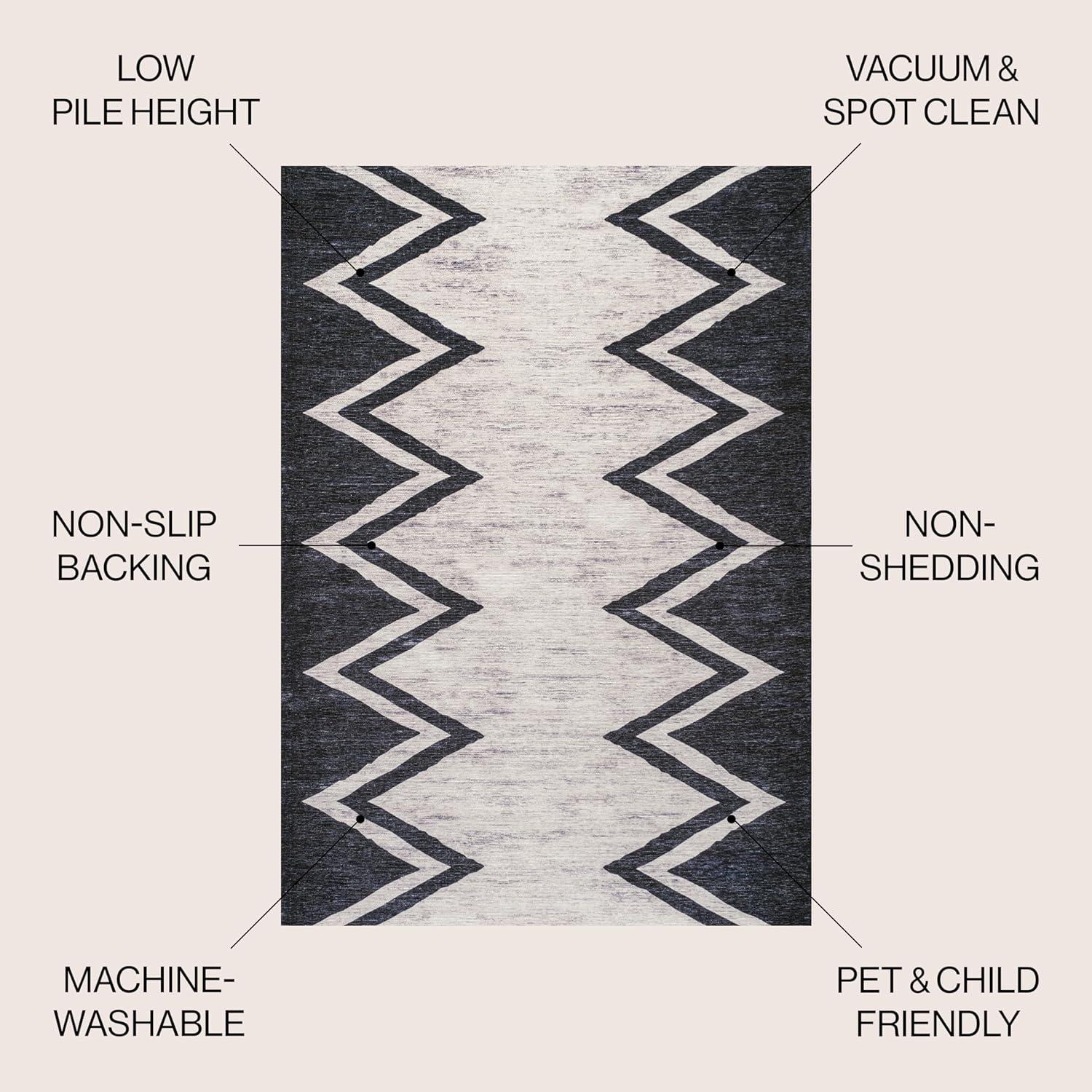 5' x 8' Siksak Modern Chevron Border Machine-Washable Area Rug, Ivory/Black - JONATHAN Y