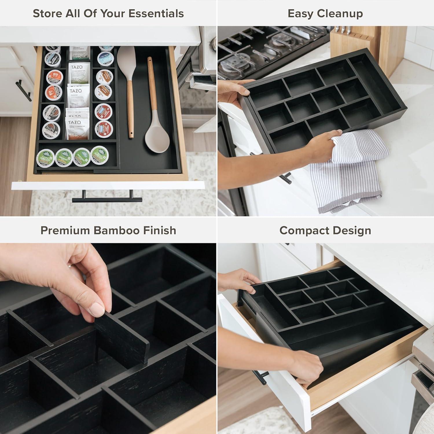 KitchenEdge Tea Bag and Coffee Pod Kitchen Drawer Organizer, Expandable 10 to 17 Inches, 10 Storage Compartments, Adjustable Wall Inserts, Non-Slip Feet, Food-Safe Black Finish, 100% Bamboo Wood