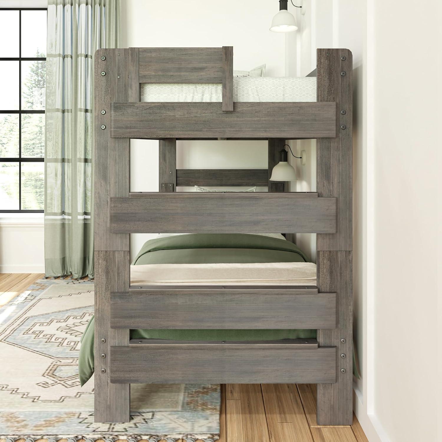 Max & Lily Twin over Twin Bunk Bed, Farmhouse Solid Wood Bunk Beds for Kids, Driftwood