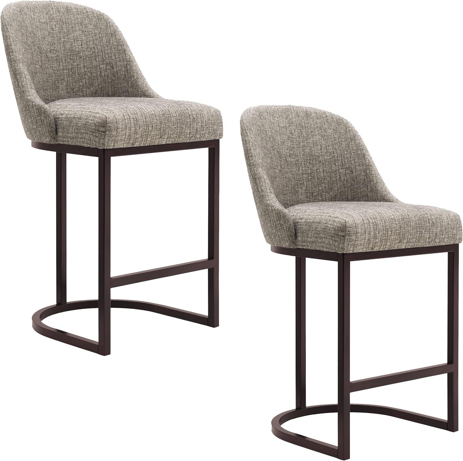 Leick Home Set of 2 Barrelback Counter Height Barstool with Metal Base Espresso/Gray Linen: Upholstered, Steel Legs, Modern Style