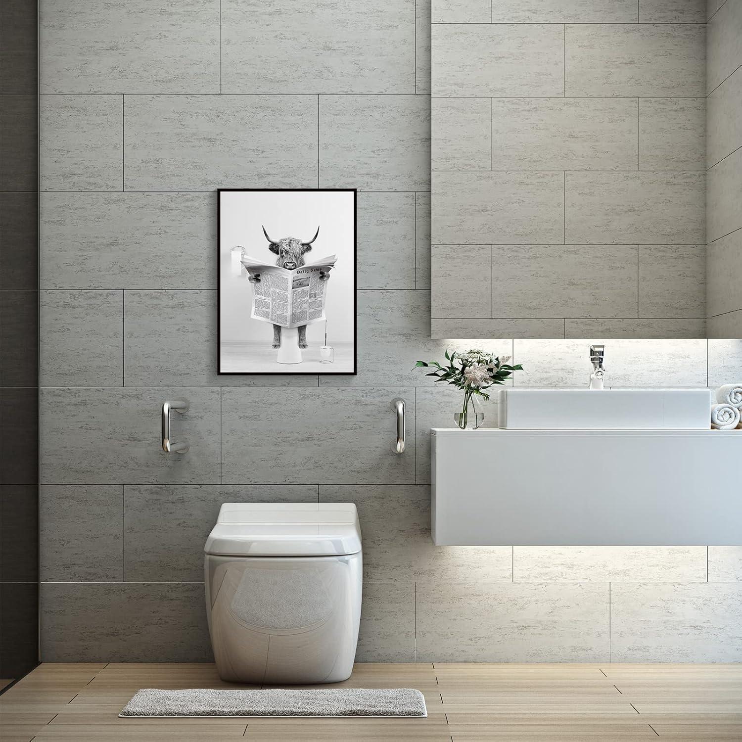 Modern Black Framed Highland Cow Wall Art Minimalist Bathroom Wall Decor Cute Funny Animals Artwork Canvas Prints Ready to Hang for Guest Bathroom, Hotel, Condo, Kids Bathroom, 12”x16”