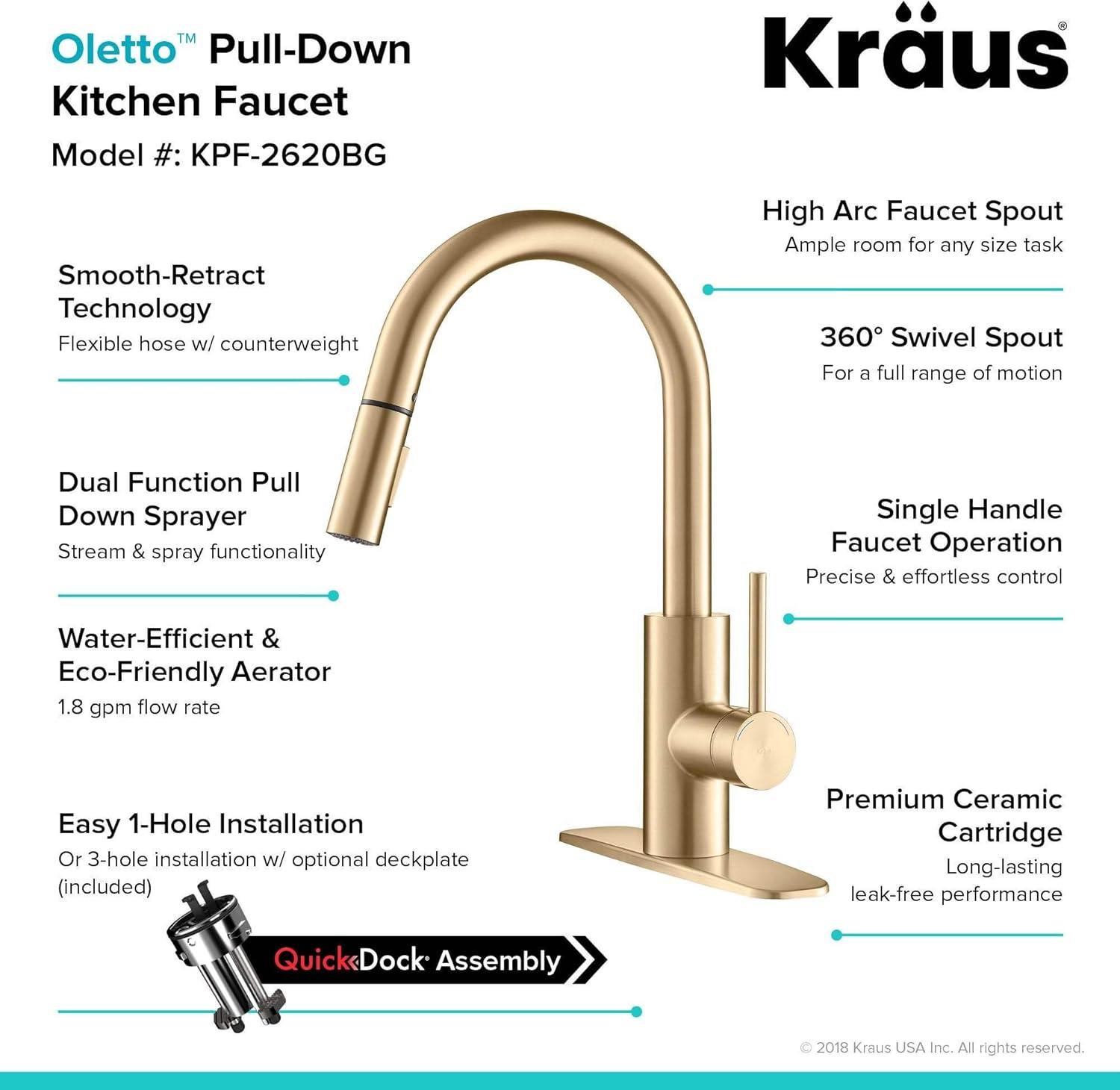 KRAUS Oletto Single Handle Pull Down Kitchen Faucet with QuickDock Top Mount Installation Assembly