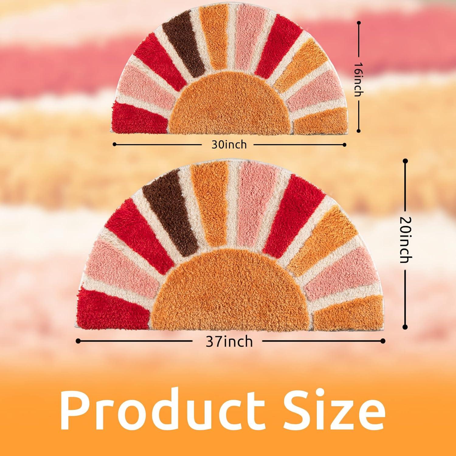 Boho Bathroom Rugs Half Circle Bath Mat Cute Bohemian Bath Rug for Bedroom Small Carpet Home Decor Non-Slip Semi Round Shower Rug Funny Washable Indoor Floor Door Mat Sun Retro 16x30inch