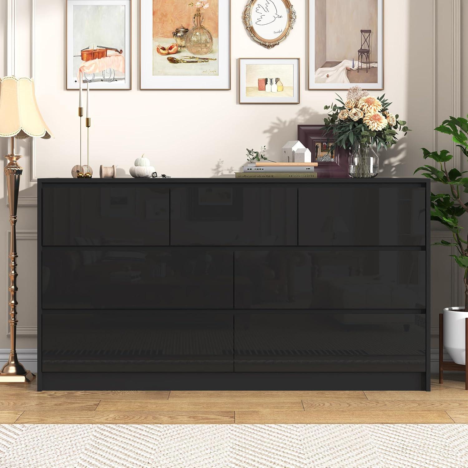 Ebern Designs White Dresser for Bedroom with 7 Drawers, Modern High Gloss Large Dresser with 7 Handle Free Drawers, 55 Inch Wooden Long Dresser, Storage Chest of Drawers