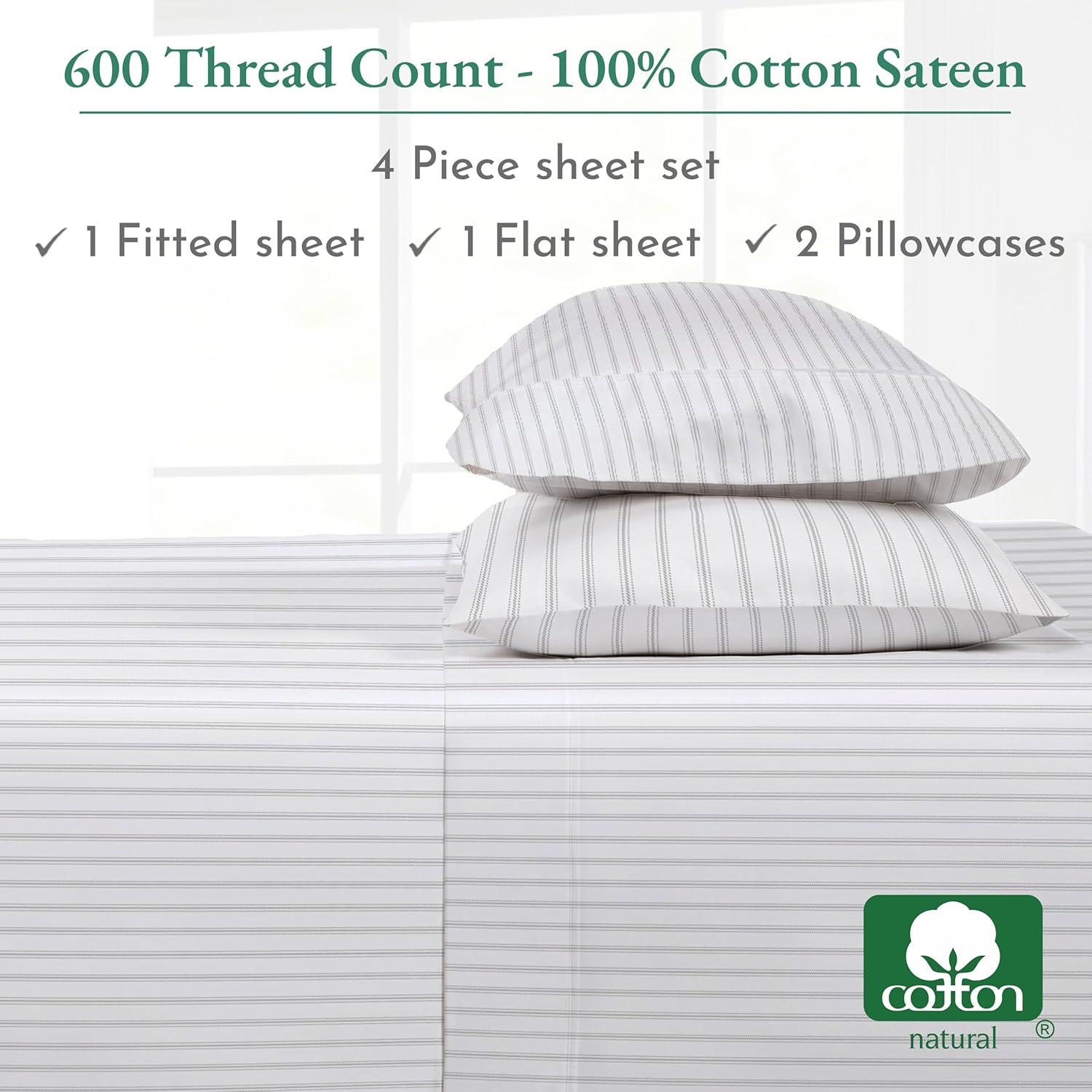 Luxury 600 Thread Count Bed Sheet Set - 100% Cotton Sheets, Cooling Sateen, Deep Pocket