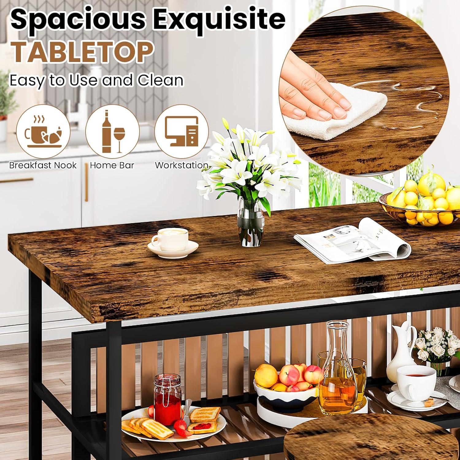 DKLGG Kitchen Island with Storage, 3 Piece Dining Table Set with 2 Tier Storage Shelves, Bar Table with Barstool, Sturdy Island Table with Chairs for Restaurant, Living Room