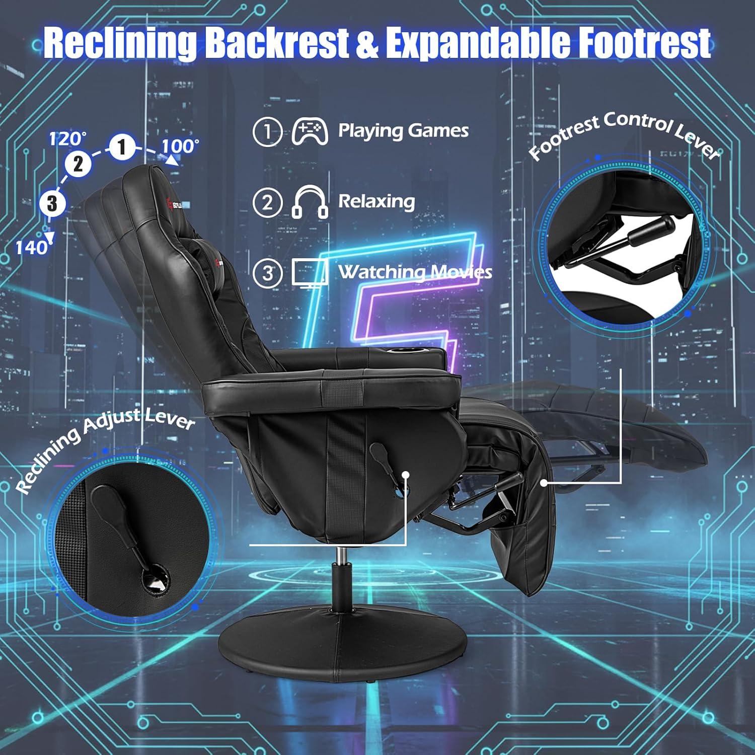 POWERSTONE Gaming Recliner Massage Gaming Chair with Footrest Ergonomic PU Leather Single Sofa with Cup Holder Headrest and Side Pouch, Adjustable Living Room Chair Seating, Black