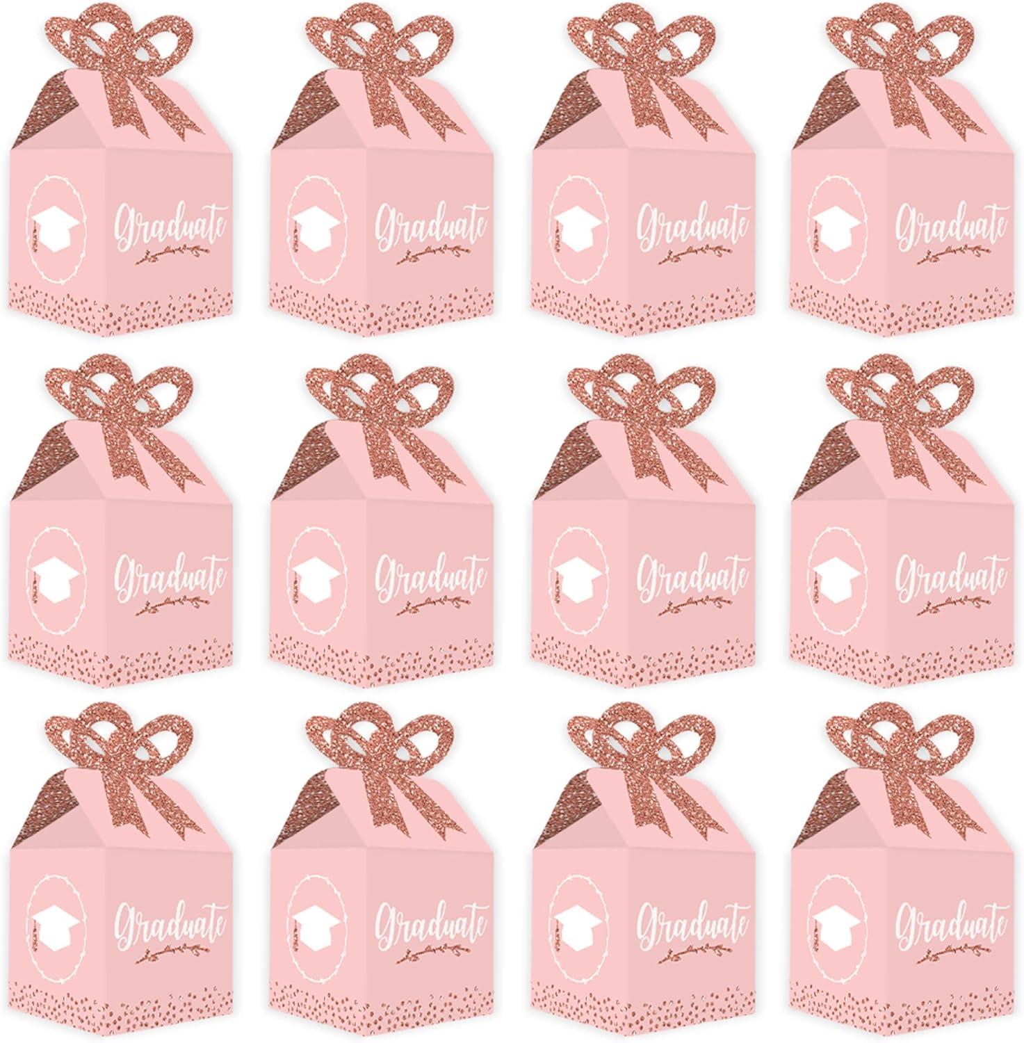 Big Dot of Happiness Rose Gold Grad - Square Favor Gift Boxes -  Graduation Party Bow Boxes - Set of 12