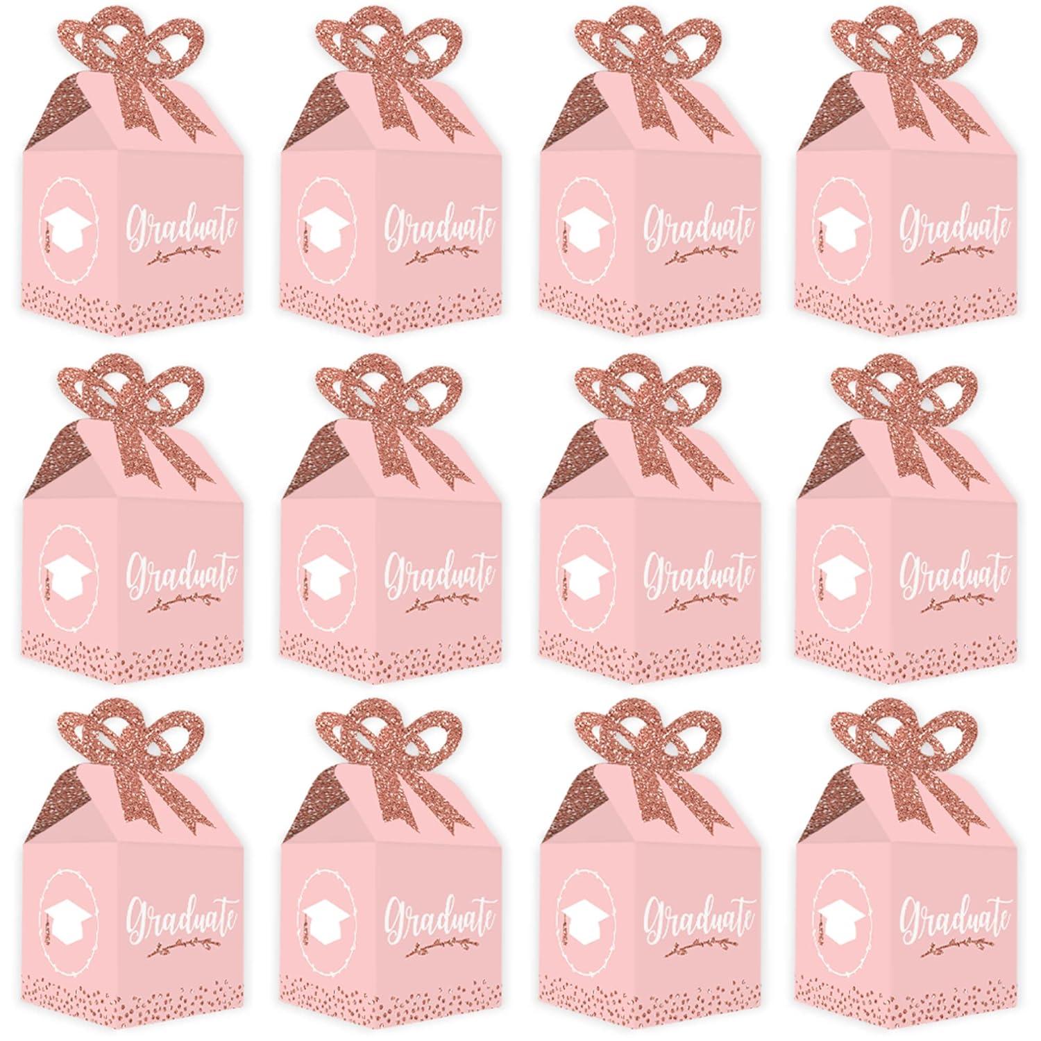 Big Dot of Happiness Rose Gold Grad - Square Favor Gift Boxes -  Graduation Party Bow Boxes - Set of 12