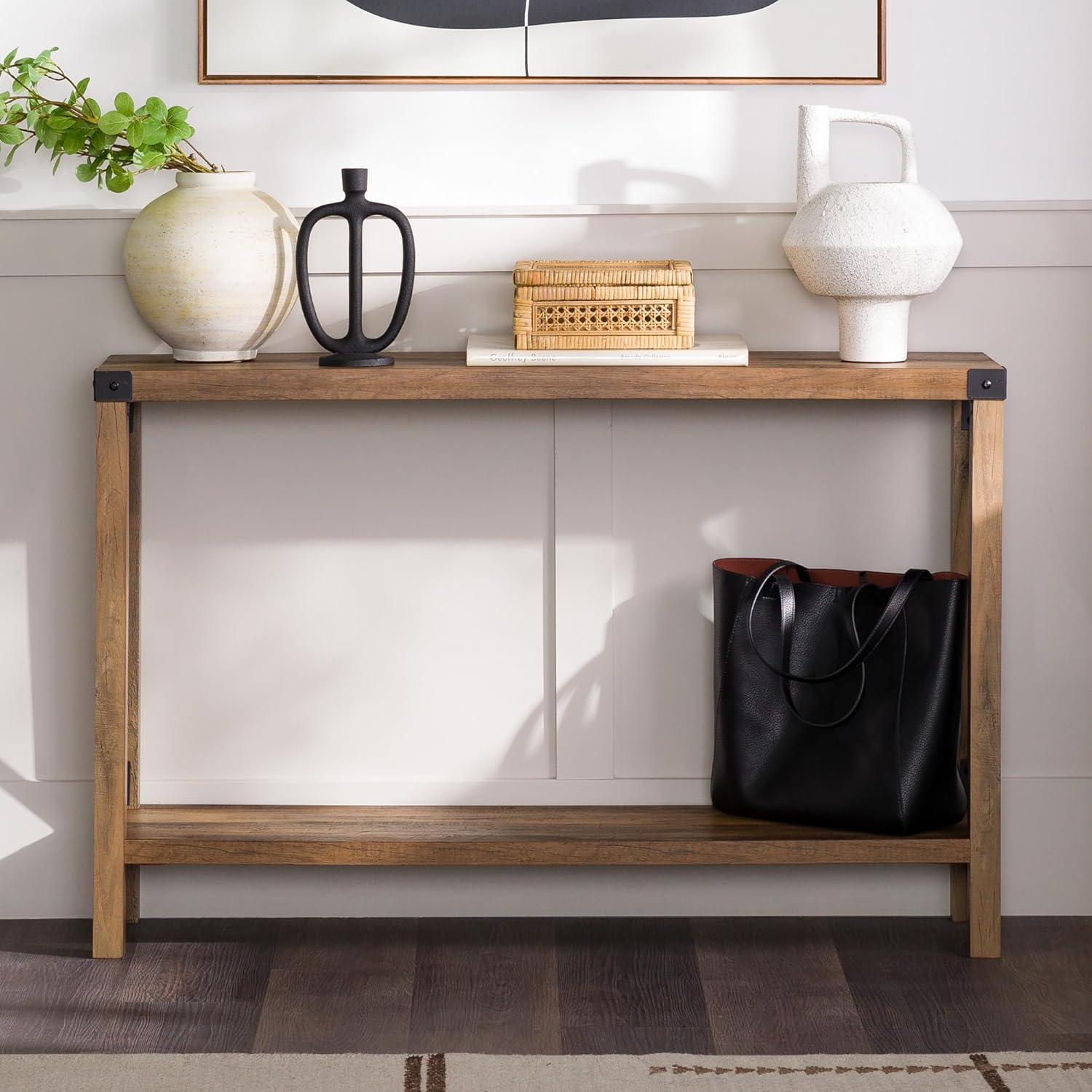 Rustic Oak and Metal Two-Tier Console Table with Storage