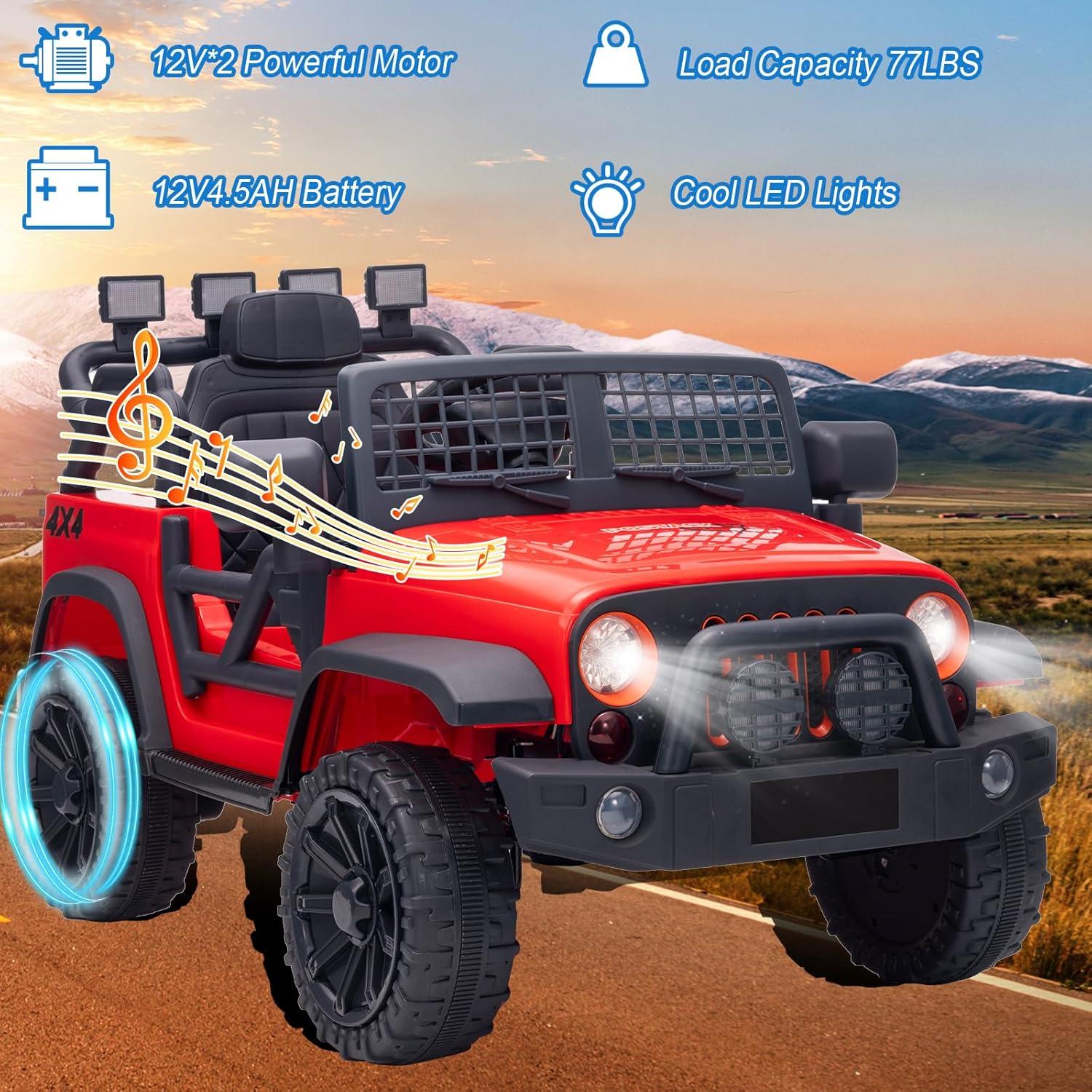 FINITO 24V Kids Ride On Car 2-Seater Jeep 4WD Electric Toy Car 4 Wheels Battery Powered Truck with Remote Control Bluetooth Music Player Gift for Boys Girls Age 3+, Red