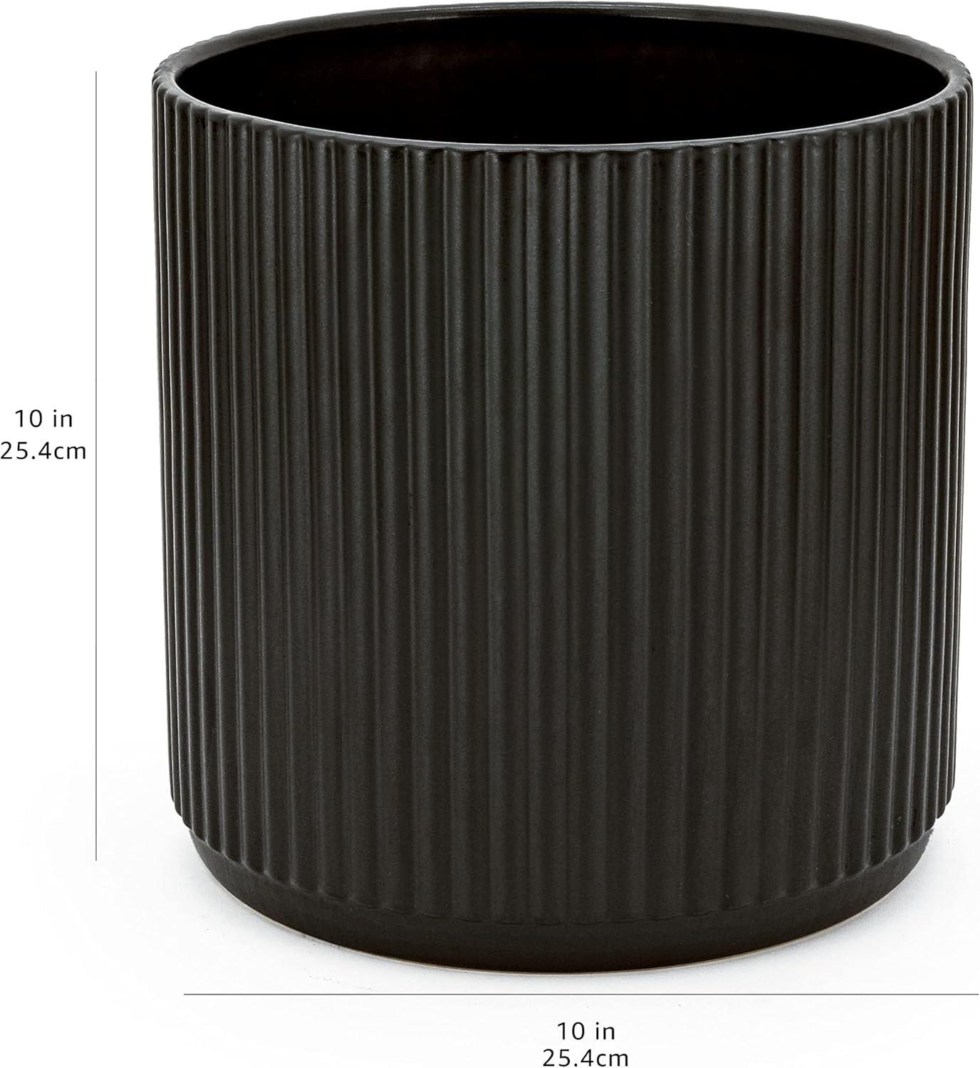 Basics Fluted Ceramic Round Planter, 10-Inch, Black