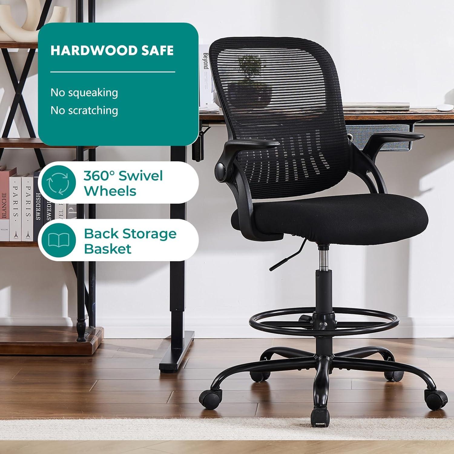 Black Mesh Adjustable Office Drafting Chair with Arms