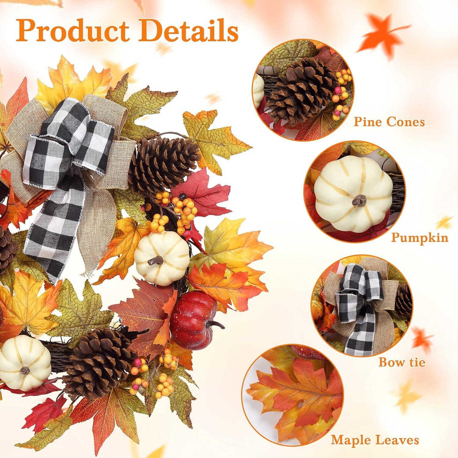 Thanksgiving Wreaths for Front Door,20 Inch Autumn Harvest Wreath with Pumpkin and Maple Leaf Decorations, Perfect for Home Outside Farmhouse Indoor Decor,Black&White Ribbon