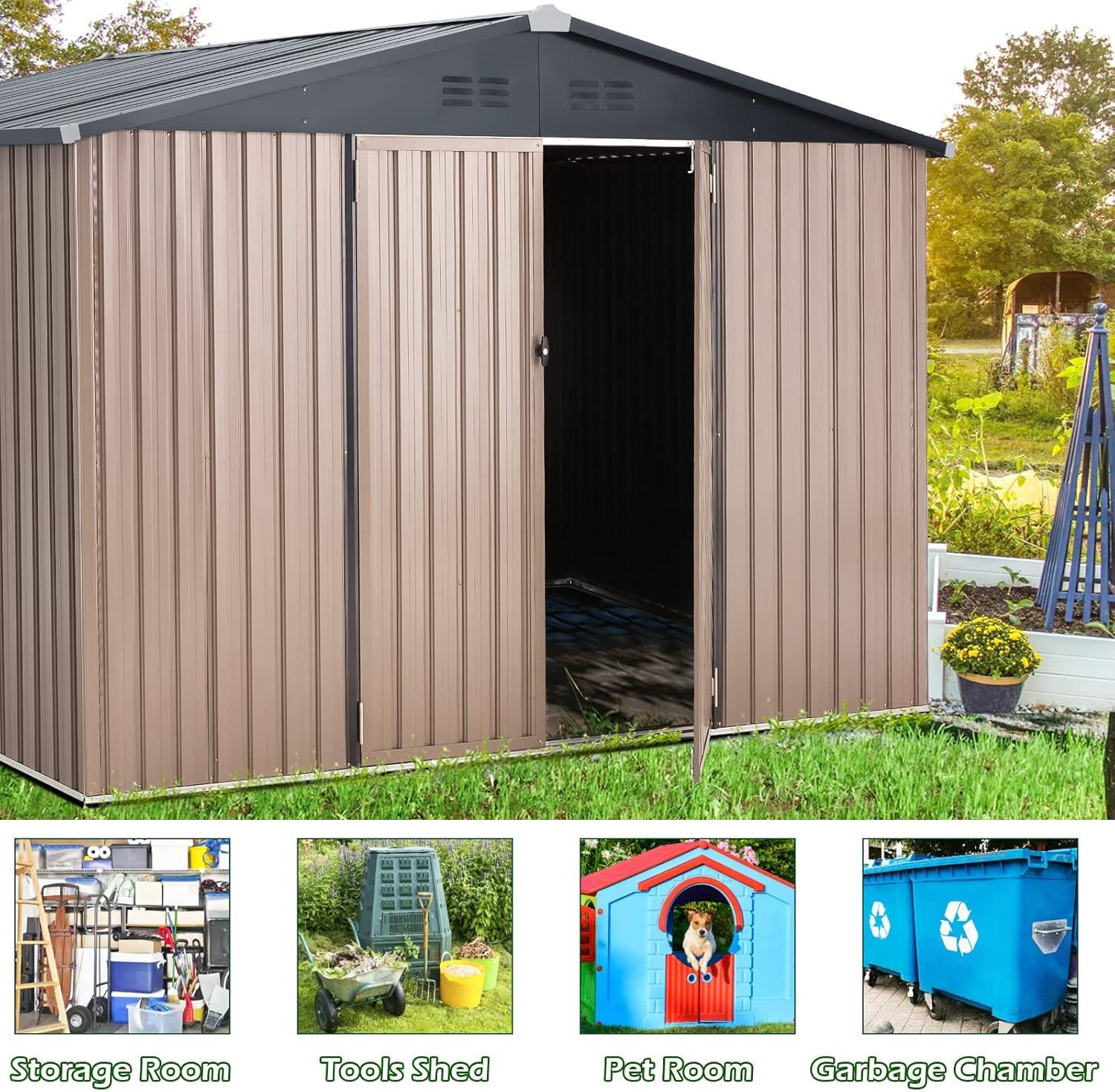 AECOJOY 8' x 10' Outdoor Storage Shed with Rack & Shelves Metal Utility Tool Shed with Lockable Door for Backyard & Garden on Clearance