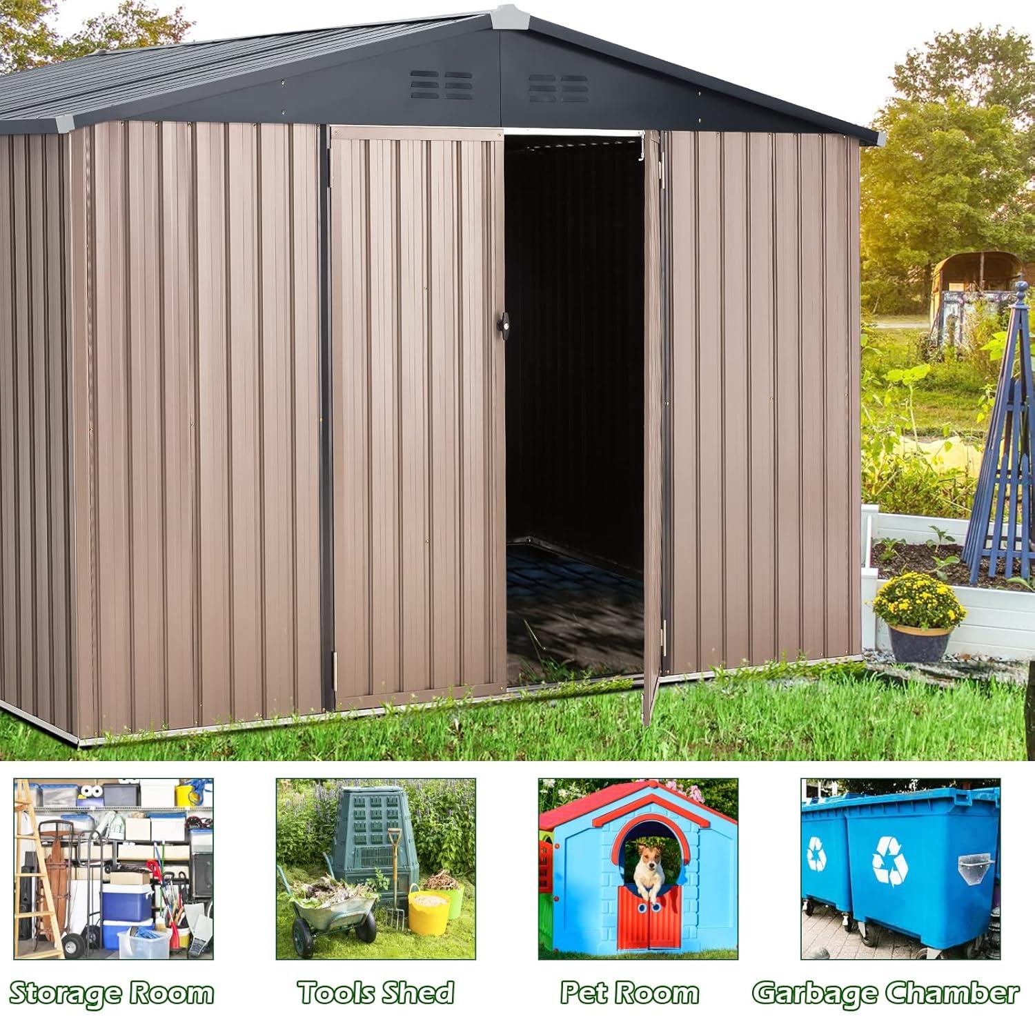 AECOJOY 8' x 10' Outdoor Storage Shed with Rack & Shelves Metal Utility Tool Shed with Lockable Door for Backyard & Garden on Clearance