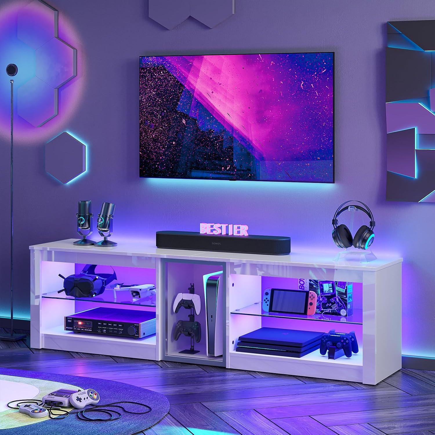 Bestier TV Stand for TVs up to 70" with LED Light, Entertainment Center for PS5 with Shelves, Black Marble