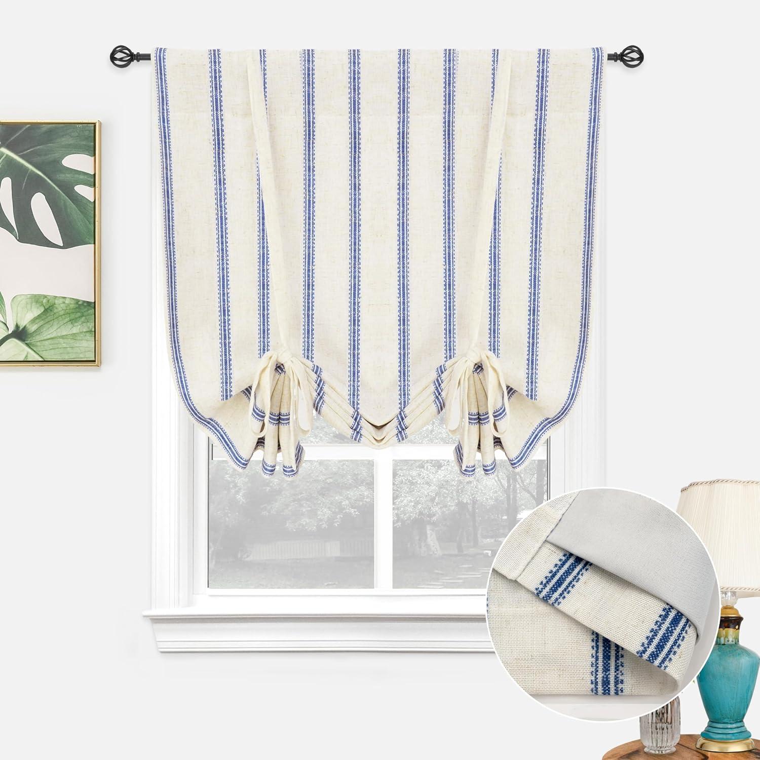 DriftAway Farmhouse Double Layer Linen Blackout Tie Up Curtains Thermal Insulated Vertical Striped Fully Lined Balloon Roman Shade Bathroom Window Adjustable Rod Pocket 25 Inch by 47 Inch Navy