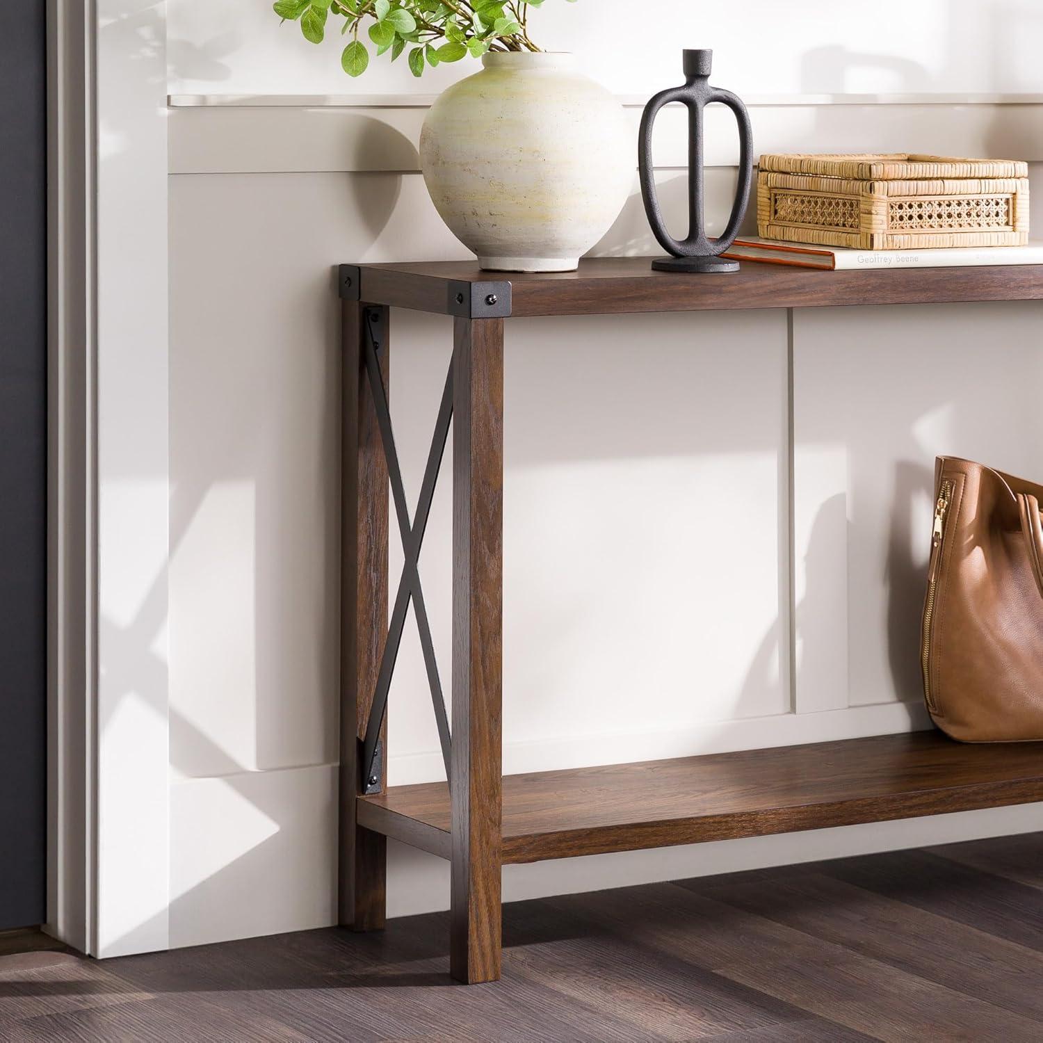 Walker Edison Magnolia Metal X Console Table, Dark Walnut