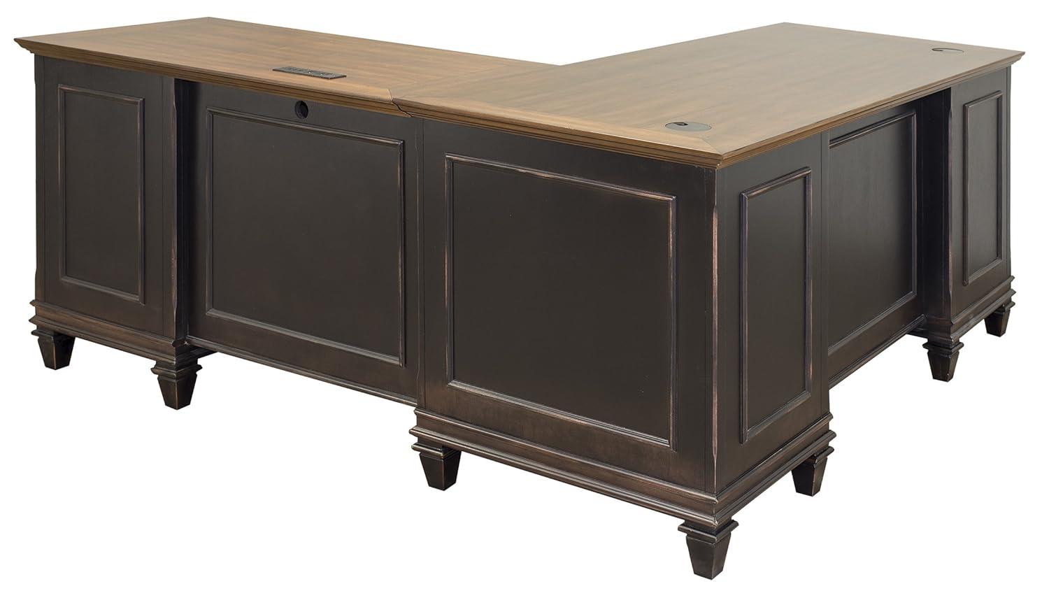 Martin Furniture Hartford L Shaped Pedestal Desk Brown: Executive Office Workstation with Metal Hardware