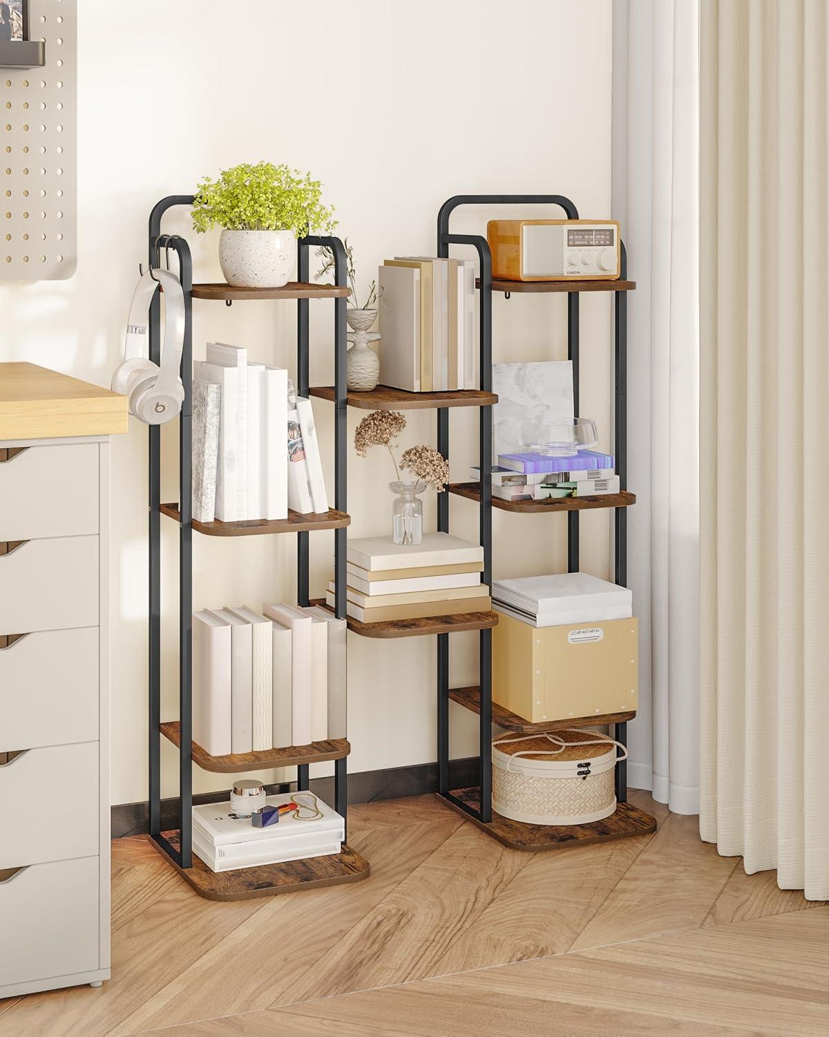 Vertical Shoe Rack, Shoe Shelves, Wood Shoe Organizer For Closet, Entryway, Shoe Tower For Small Spaces, Free Standing, Adjustable, With 2 Hooks, 6 Tier Rustic Brown