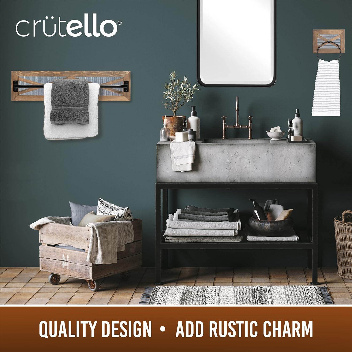 Crutello Rustic Towel Bar Toilet Paper Holder Set with Towel Ring for Bathroom- Wall Mounted Bathroom Racks - Barnwood, Galvanized Backing & Black Metal Bar, Farmhouse Decor