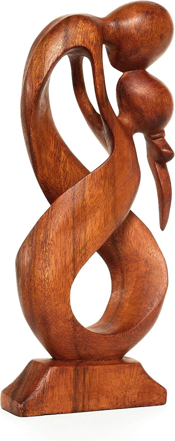 12" Handcrafted Suar Wood Abstract Couple Statue