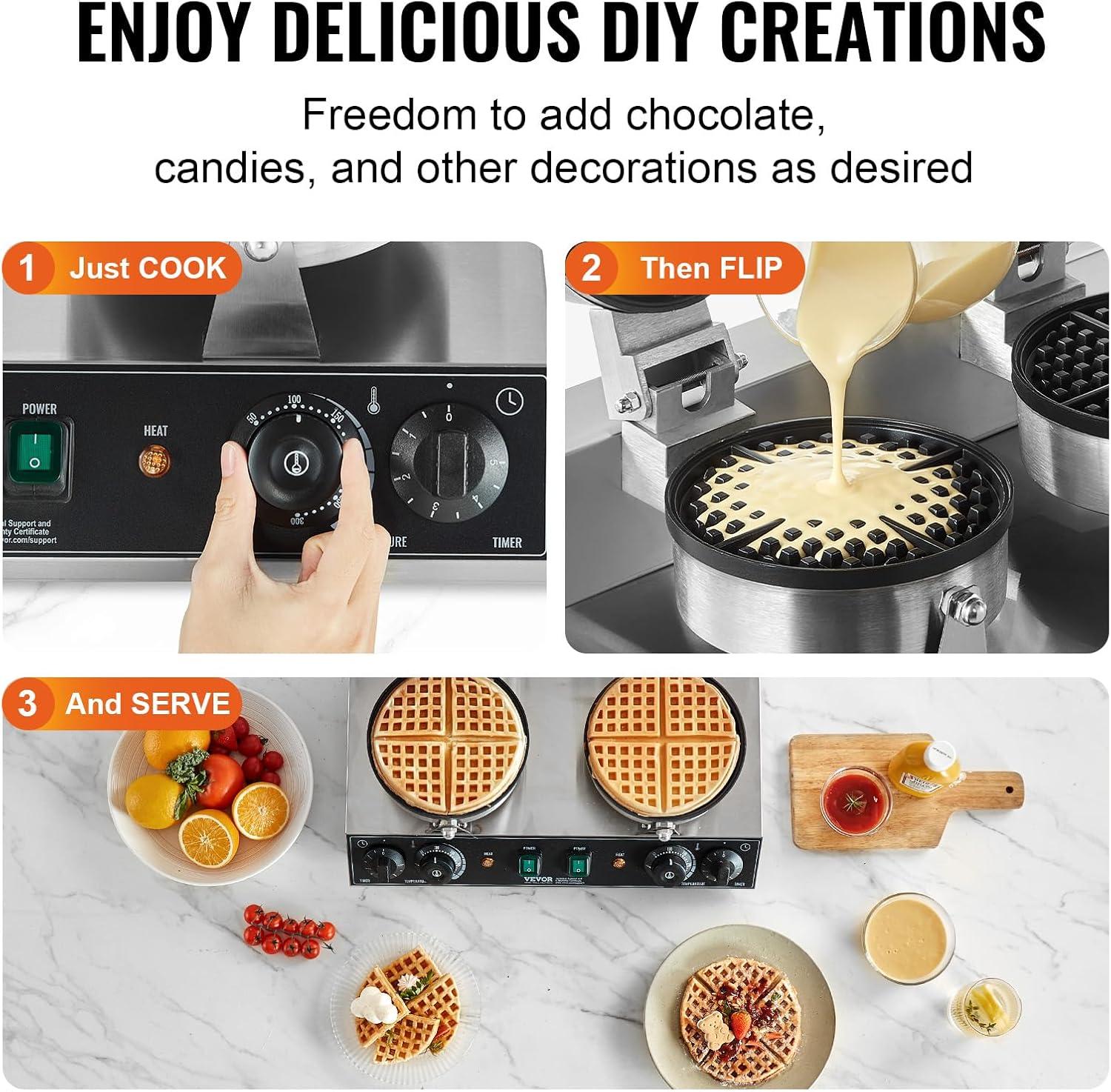 VEVOR Commercial Waffle Maker Dual-Head Round Waffle Iron 2460W Non-Stick