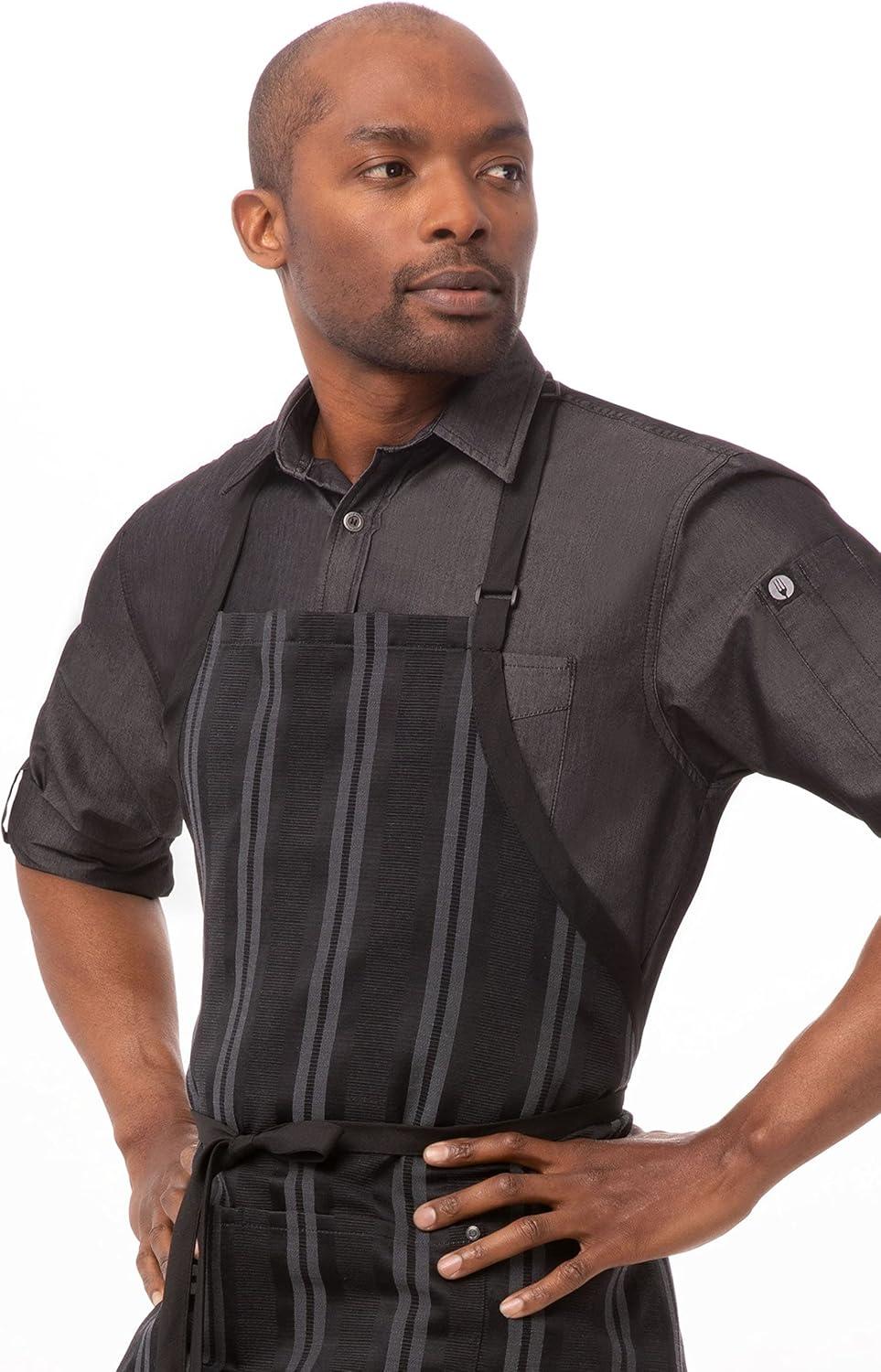 Black and Gray Striped Cotton-Poly Wide Bib Apron