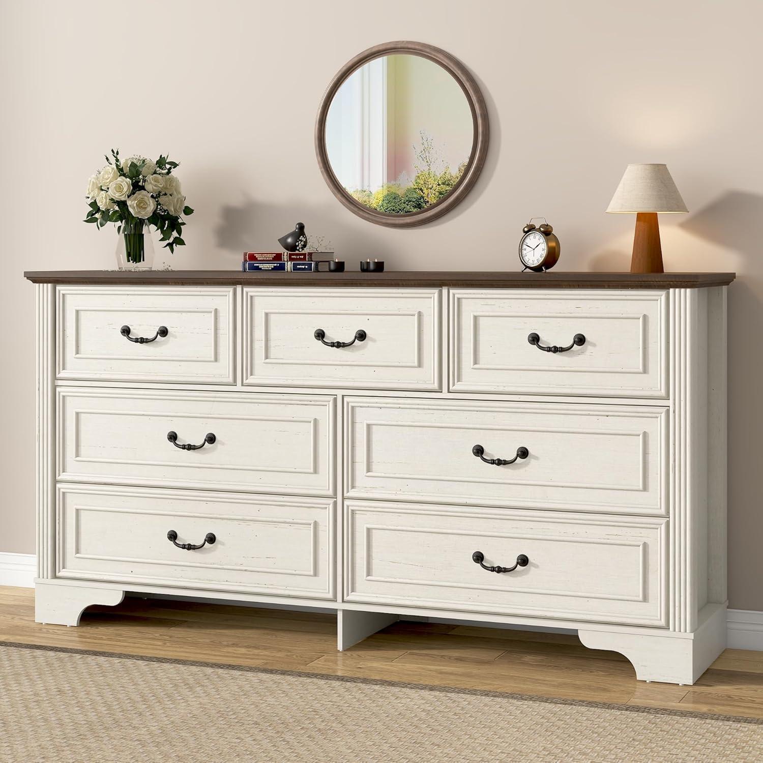 Charlton Home® 59" Farmhouse Dresser With 7 Spacious Drawers – Rustic Wooden Storage Cabinet For Bedroom, Living Room, Or Entryway