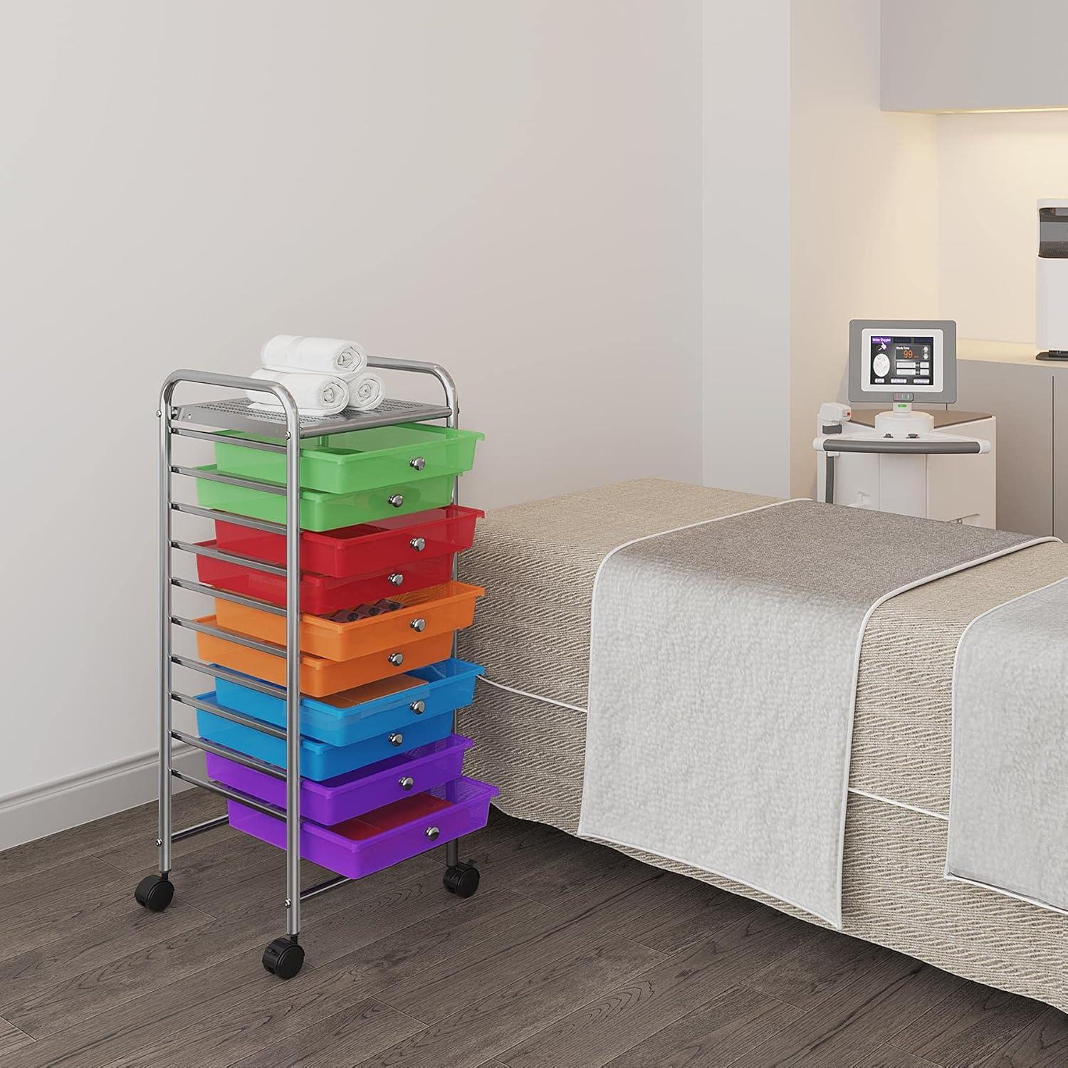 Multicolor 10-Drawer Rolling Plastic Storage Cart with Lockable Wheels