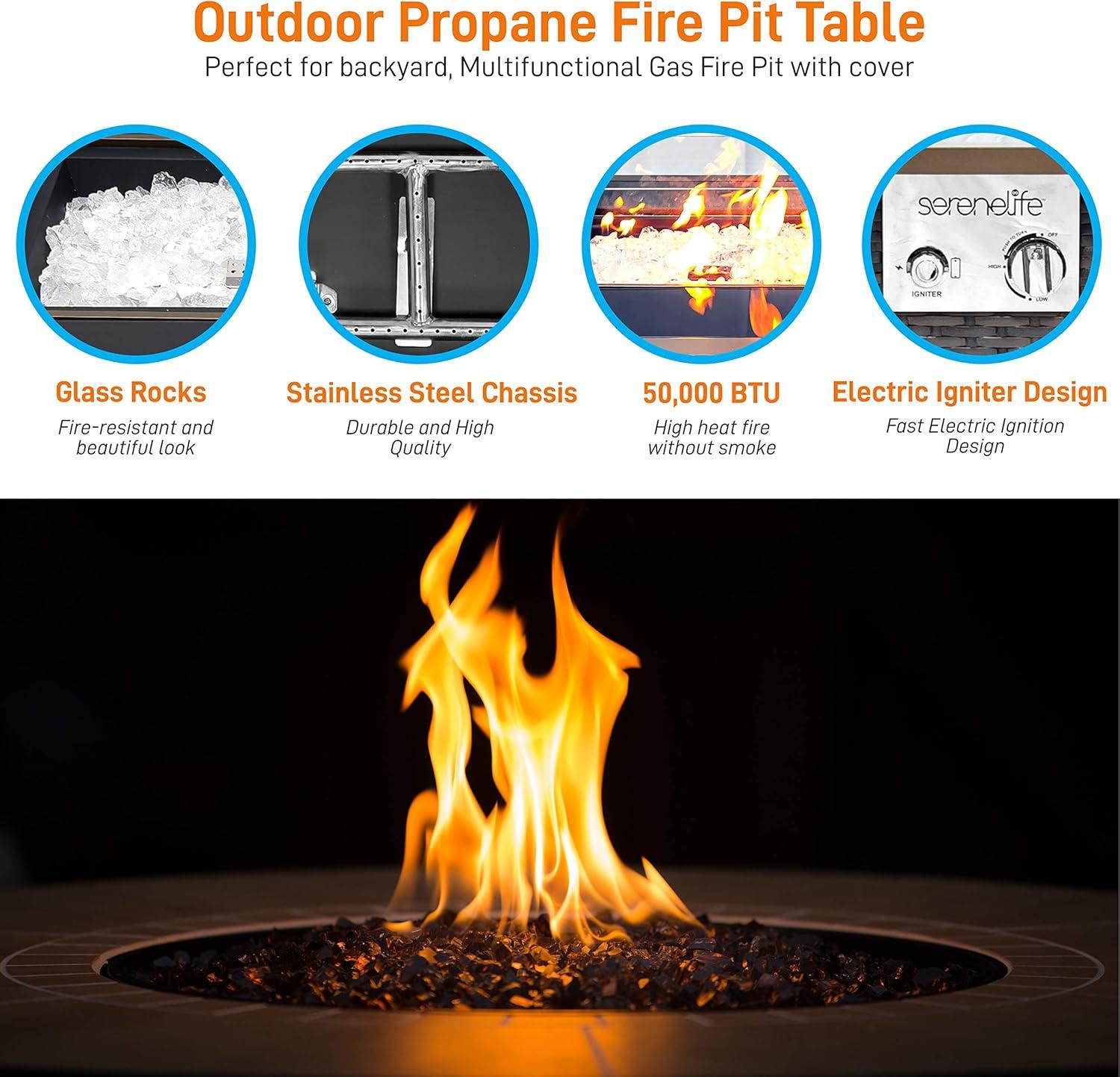 SereneLife Outdoor Propane Gas Fire Pit Table - 50,000 BTU Auto-Ignition Gas Firepit with Glass Wind Guard - SLFPTL.5