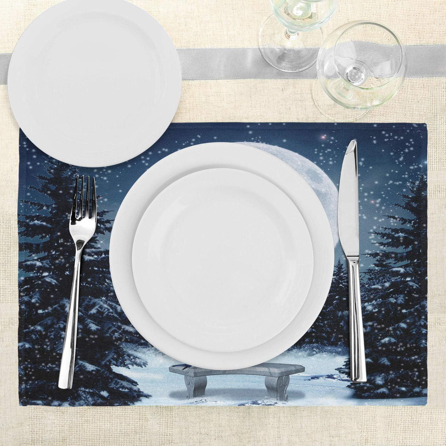 Ambesonne White Place Mats Set of 4, Moonlight Forest Bird, Standard Size, Blue White