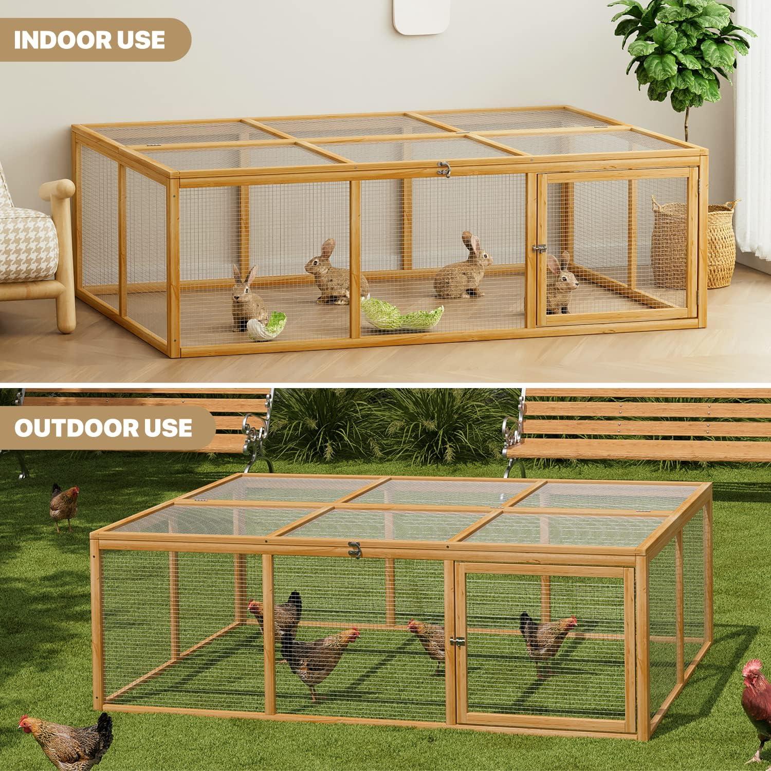 MoNiBloom 68" Wooden Chicken Coop Cage Rabbit Hutch Enclosure Poultry Pet Hutch Garden Backyard with Mesh Run Cage House Indoor and Outdoor Use (Natural)