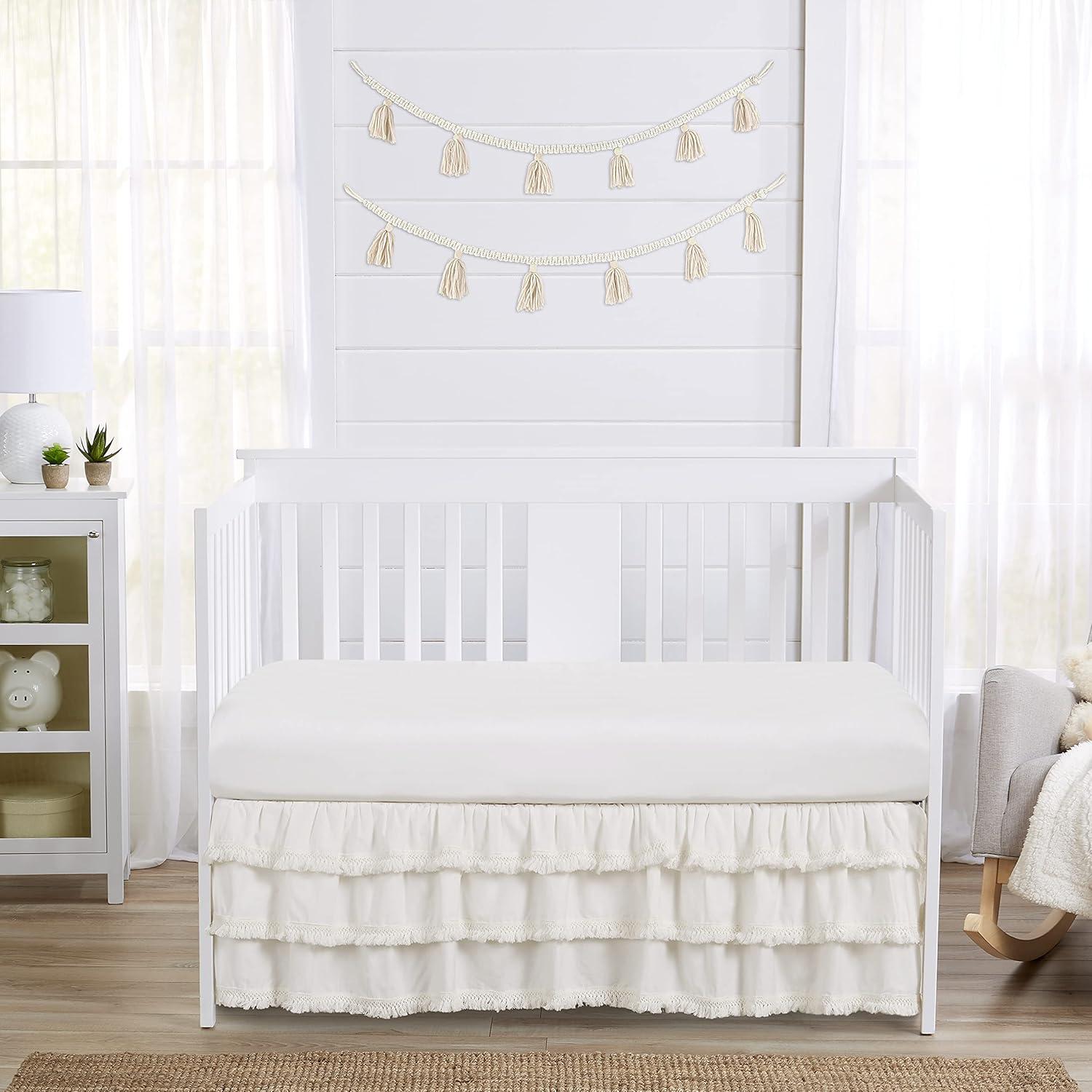 Sweet Jojo Designs Girl 3 Tiered Ruffle Crib Bed Skirt Bohemian Fringe Off White