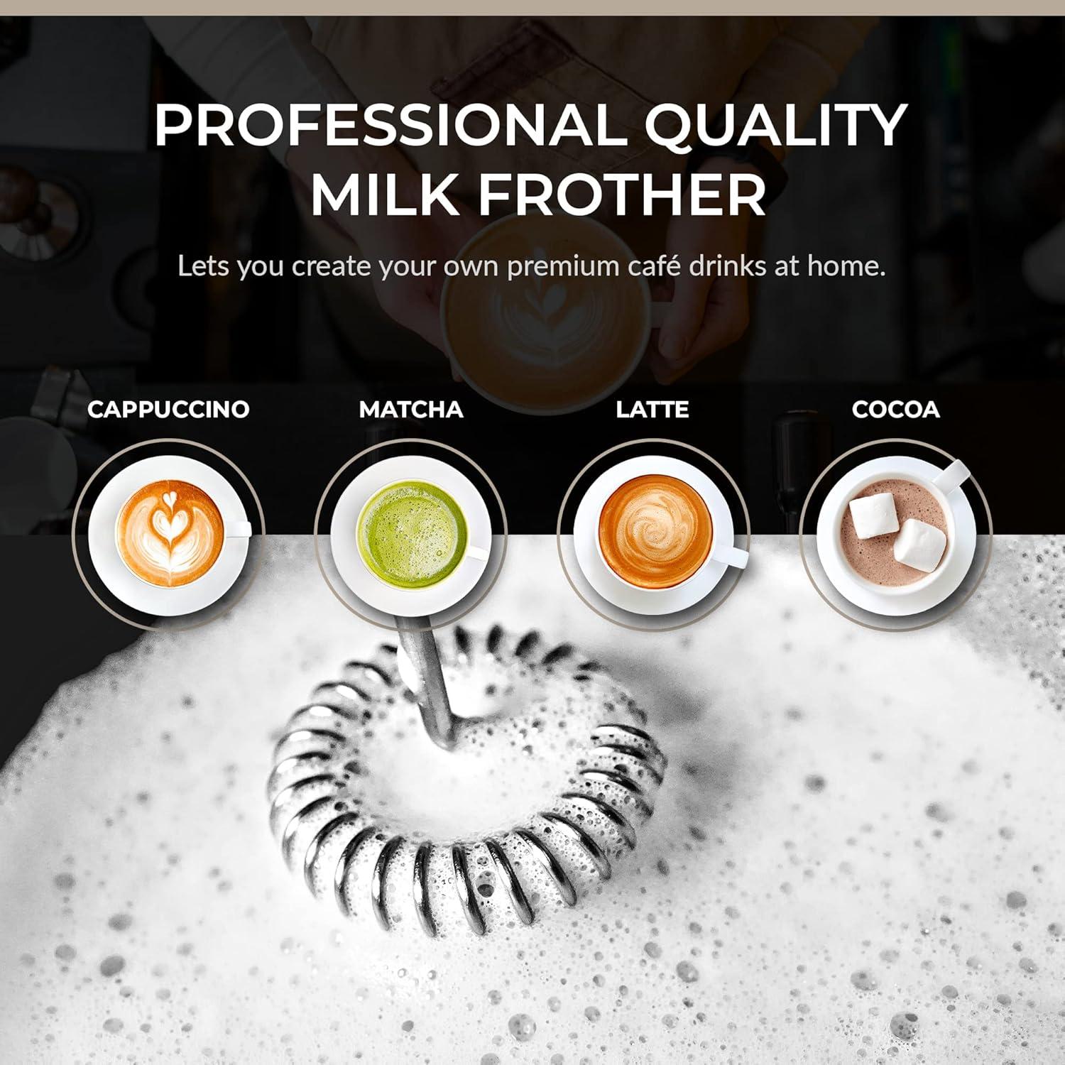 ChefWave Handheld Milk Frother (Black) with Stand - Stainless Steel Drink Mixer - Milk Foamer for Coffee, Lattes, Cappuccino, Frappe, Matcha, Hot Chocolate