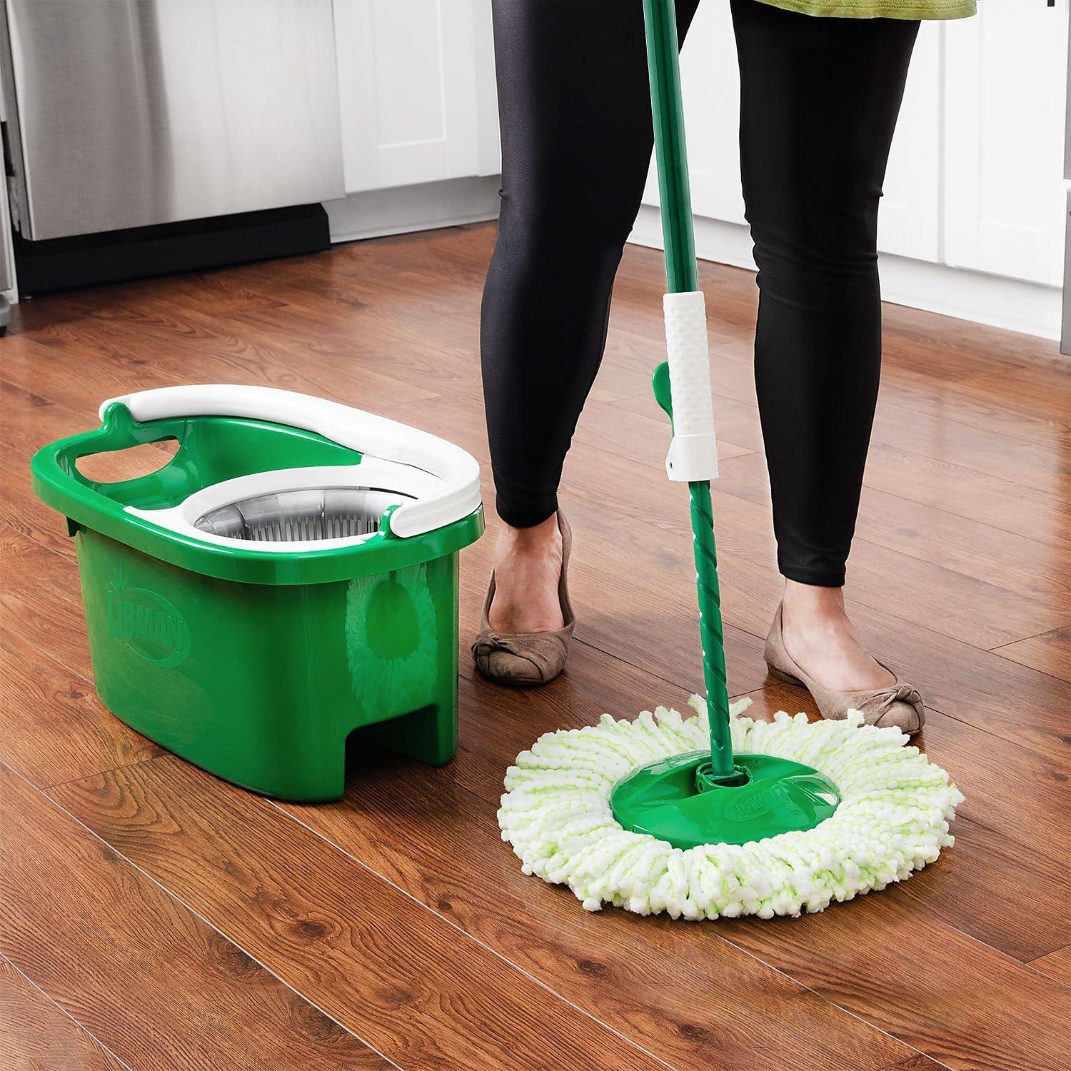 Green and White Microfiber Spin Mop and Bucket Set