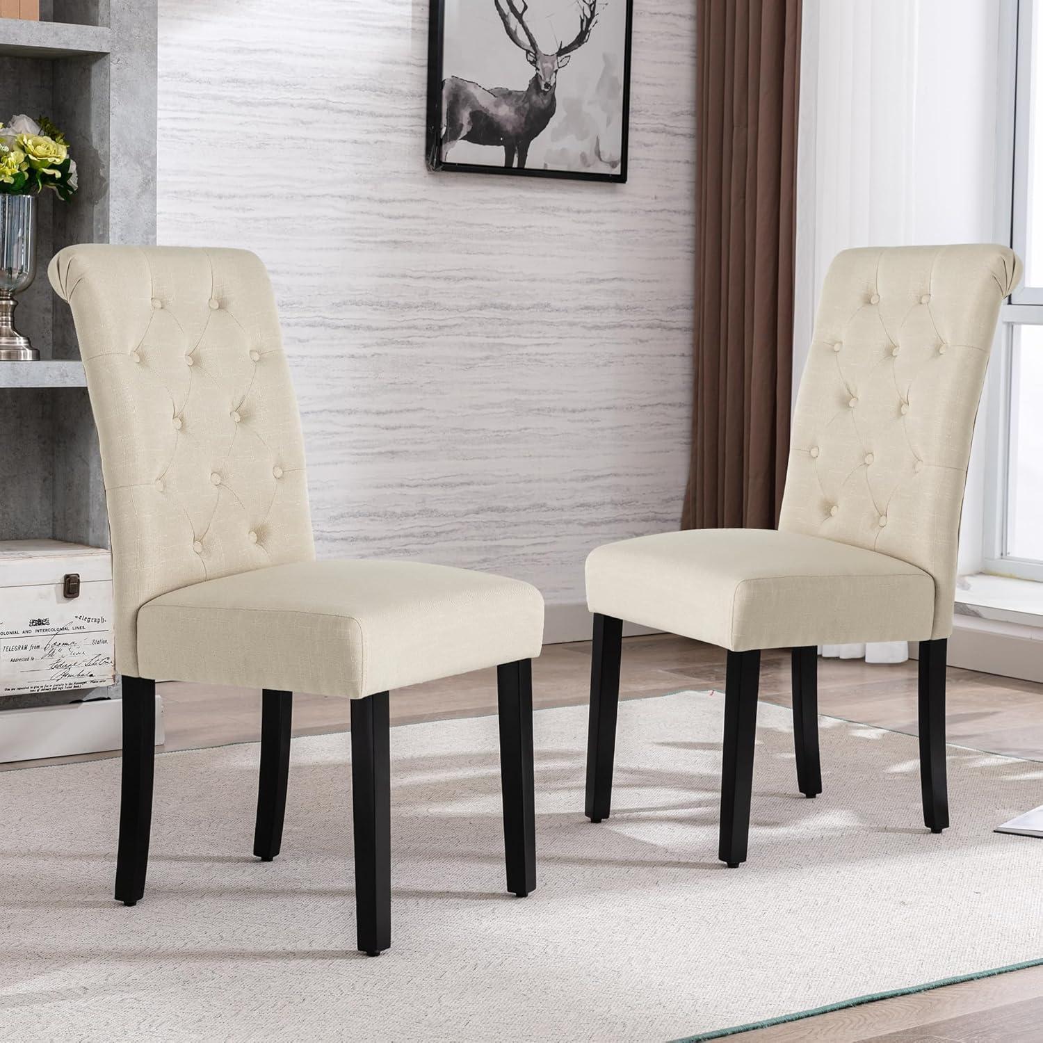 HMTtie Upholstered Dining Chairs Set of 2,Fabric Dining Room Chair with Wood Legs,Dinner Chair for Kitchen,Living Room,Beige