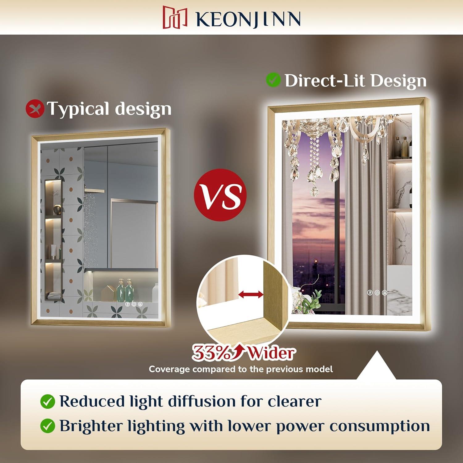 Keonjinn LED Bathroom Vanity Mirror, Front Light & Backlit, 3 Color Temperatures, Anti Fog, Double Lights Strips, 24"x32"