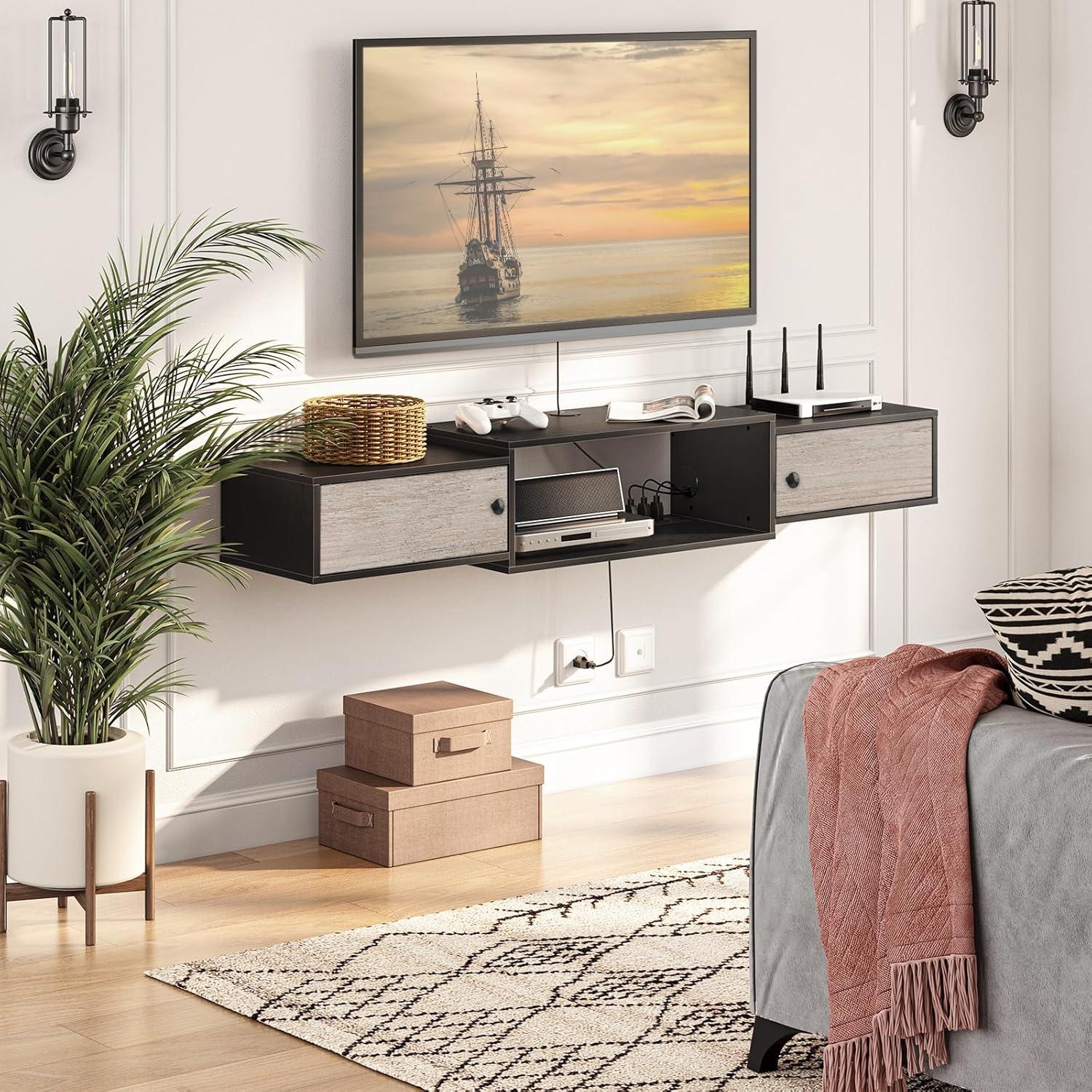 Floating TV Stand with Power Outlet 55", Modern Wall Mounted Media Console Shelf Cabinet for Under TV Storage, Entertainment Center, Living Room, Bedroom, Rustic Brown and Black BF11DS01