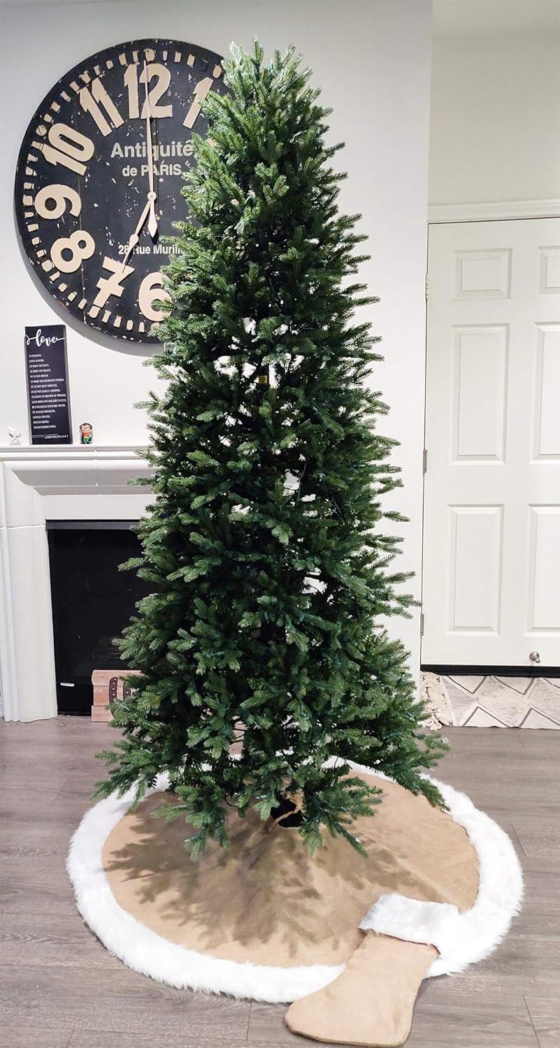 52" Round Burlap and White Faux Fur Christmas Tree Skirt