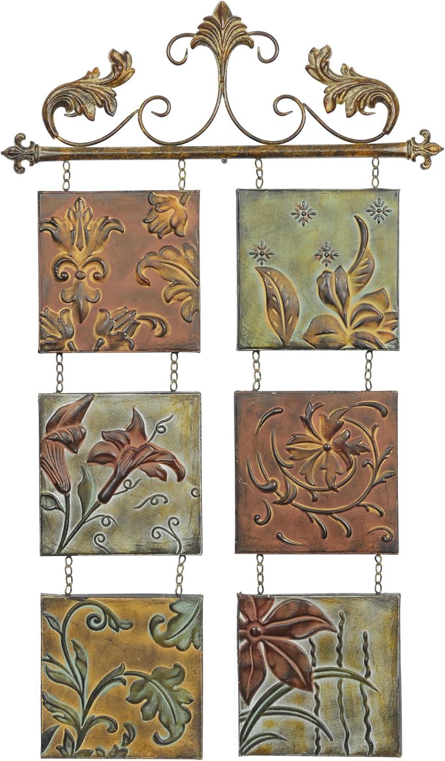 DecMode Multi Colored Metal 6 Suspended Panels Floral Wall Decor with Embossed Details