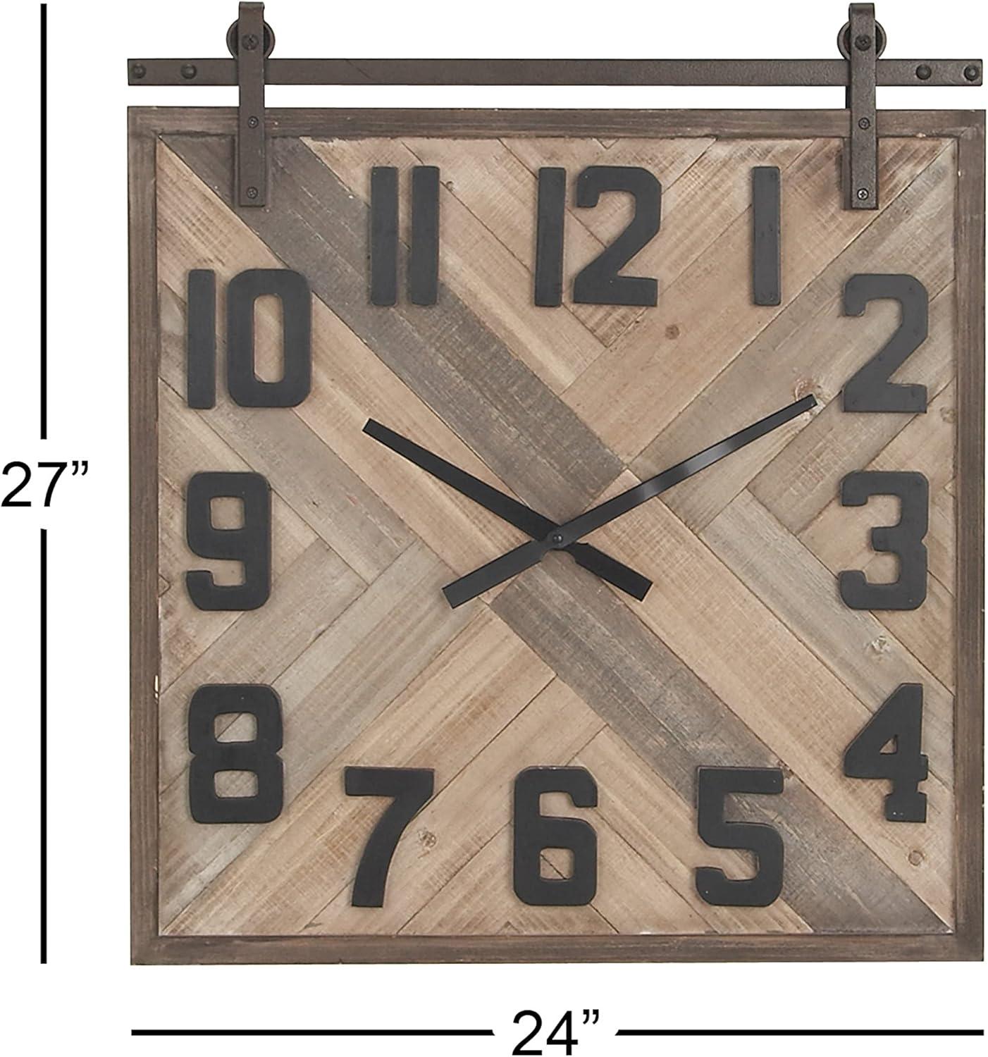 DecMode Industrial Wood Sculpted Wall Clock with Weave Pattern and Brown Finish, 24"W x 27"H