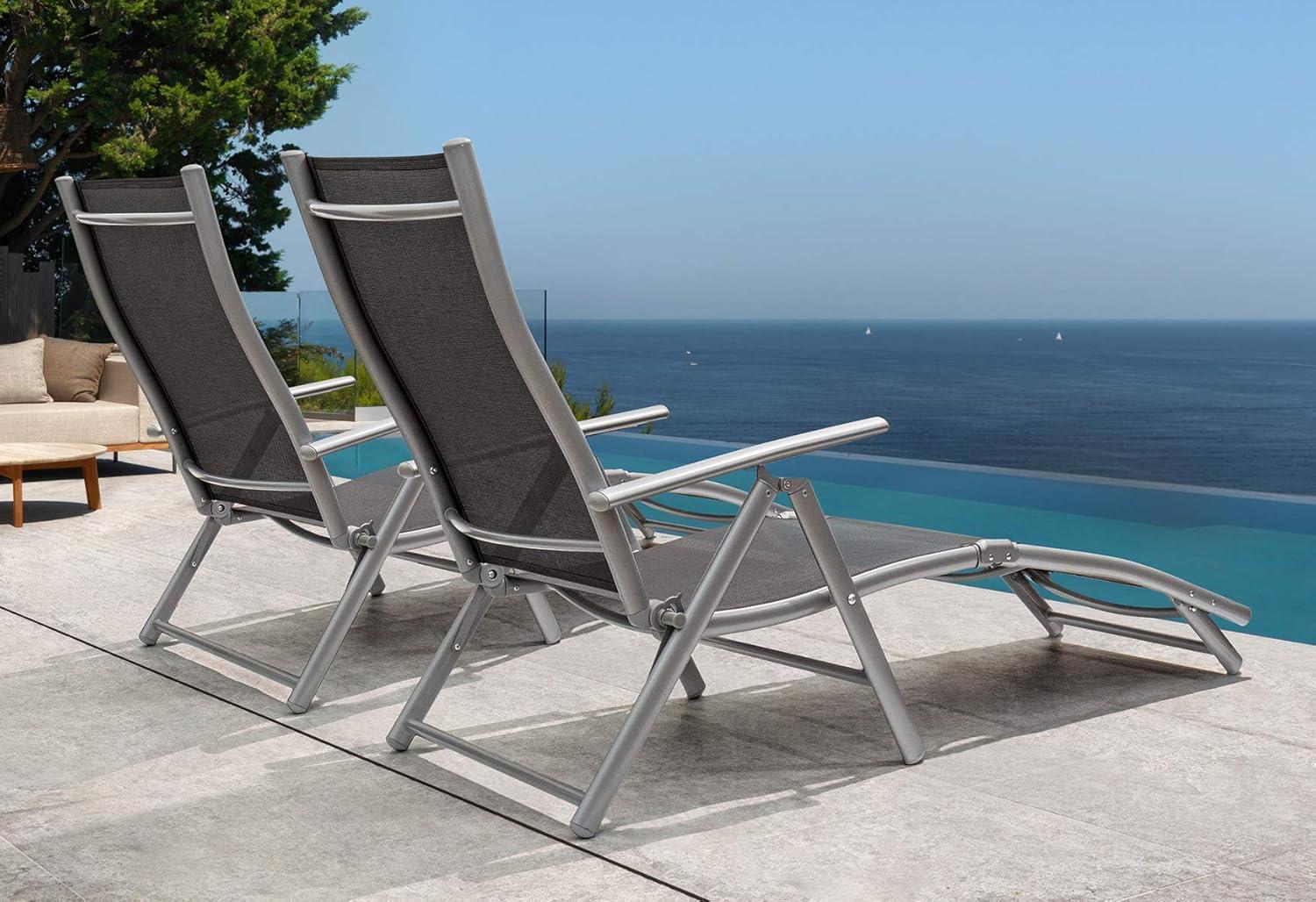 Gray Powder-Coated Steel Outdoor Chaise Lounge Chairs with Arms