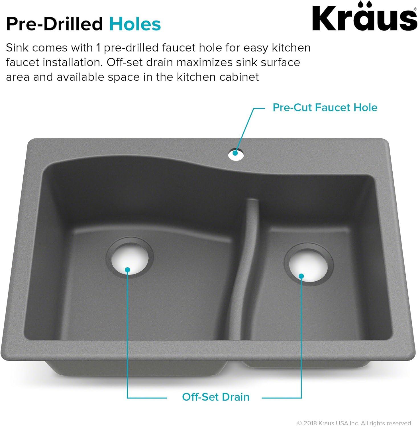 Kraus KRAUS Quarza™ 33" L Dual Mount 60/40 Double Bowl Granite Kitchen Sink KGD-442GREY