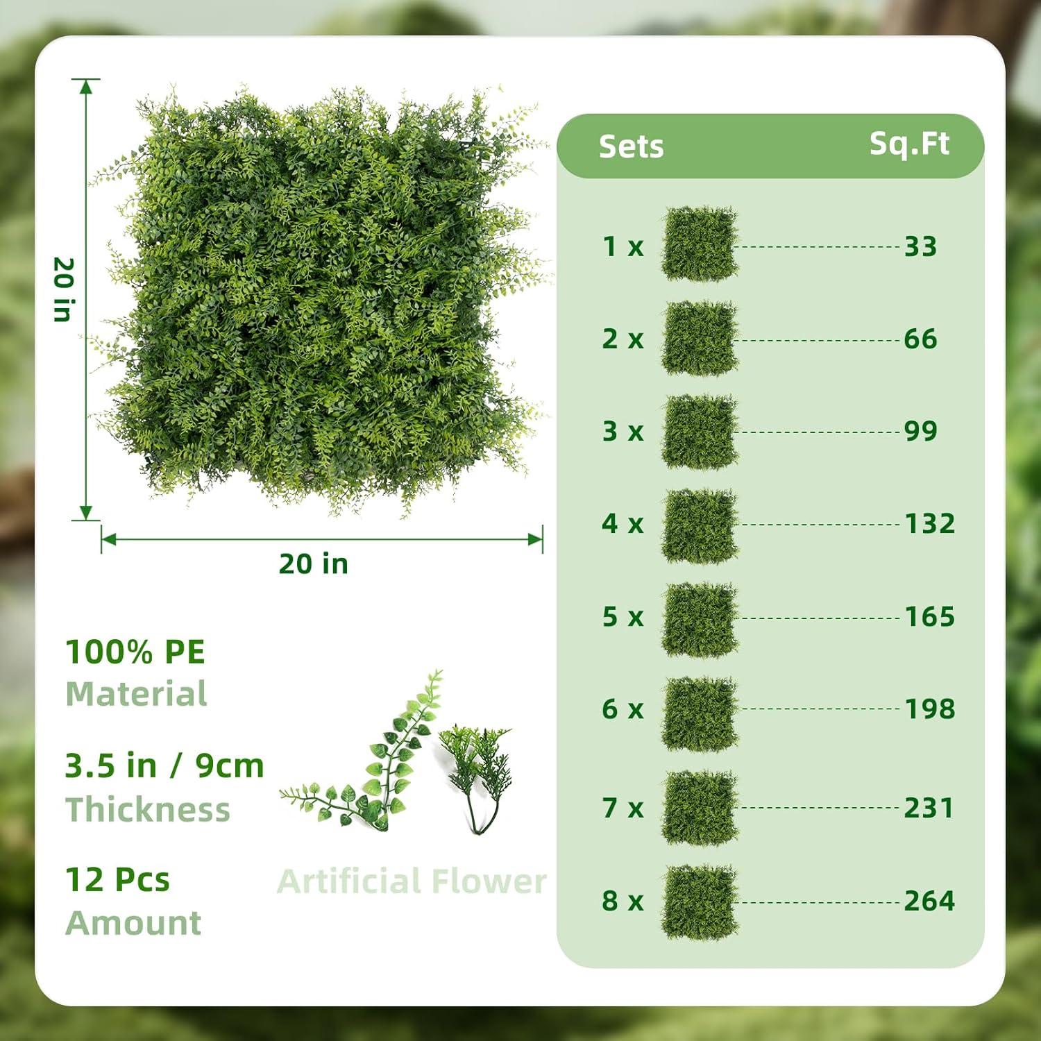 Ataucjin 12 Pcs 20" Grass Wall Panels Artificial Boxwood Hedge Panels Greenery Wall Backdrop Sun Proected Privacy Fence Screen Fake Faux Grass Wall Decoration For Outdoor Indoor Birthday Wedding